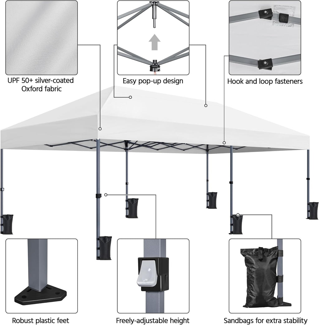 Yaheetech 10×20 Pop Up Canopy Easy Set-up Tent, Portable Outdoor Canopy Instant Tent, Commercial Gazebo with Wheeled Carry Bag & 6 Sandbags for Home, Party & Outdoor Activities, White