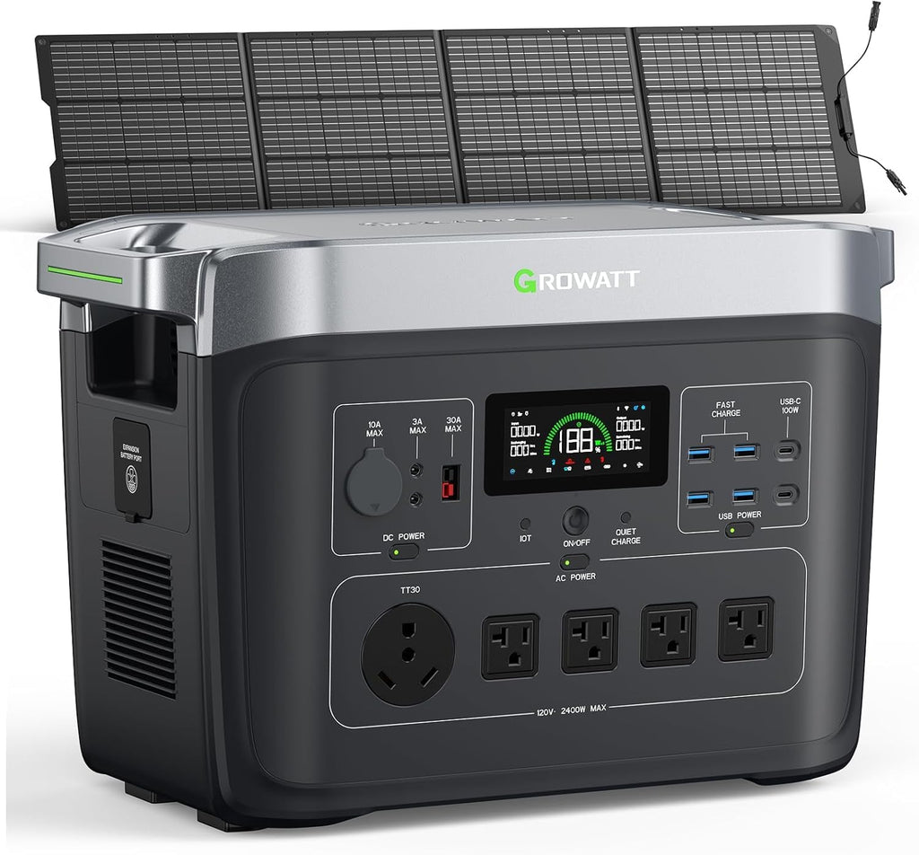 GROWATT Portable Power Station with 200W Solar Panel，Black Infinity 2000 Electric Solar Generator，2048Wh LifePO4 Battery, 2200W AC Output for Home Use, Outdoor Camping, RVs and Emergency Backup