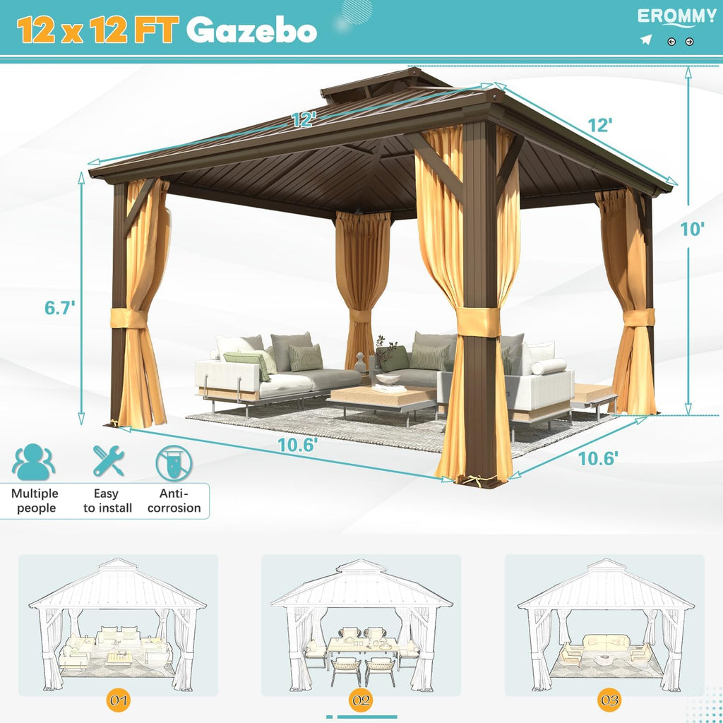 EROMMY 12' x 12' Hardtop Gazebo, Aluminum Frame Gazebos with Galvanized Steel Double Roof, Permanent Outdoor Metal Pavilion with Curtain and Netting for Patio, Lawn, Deck