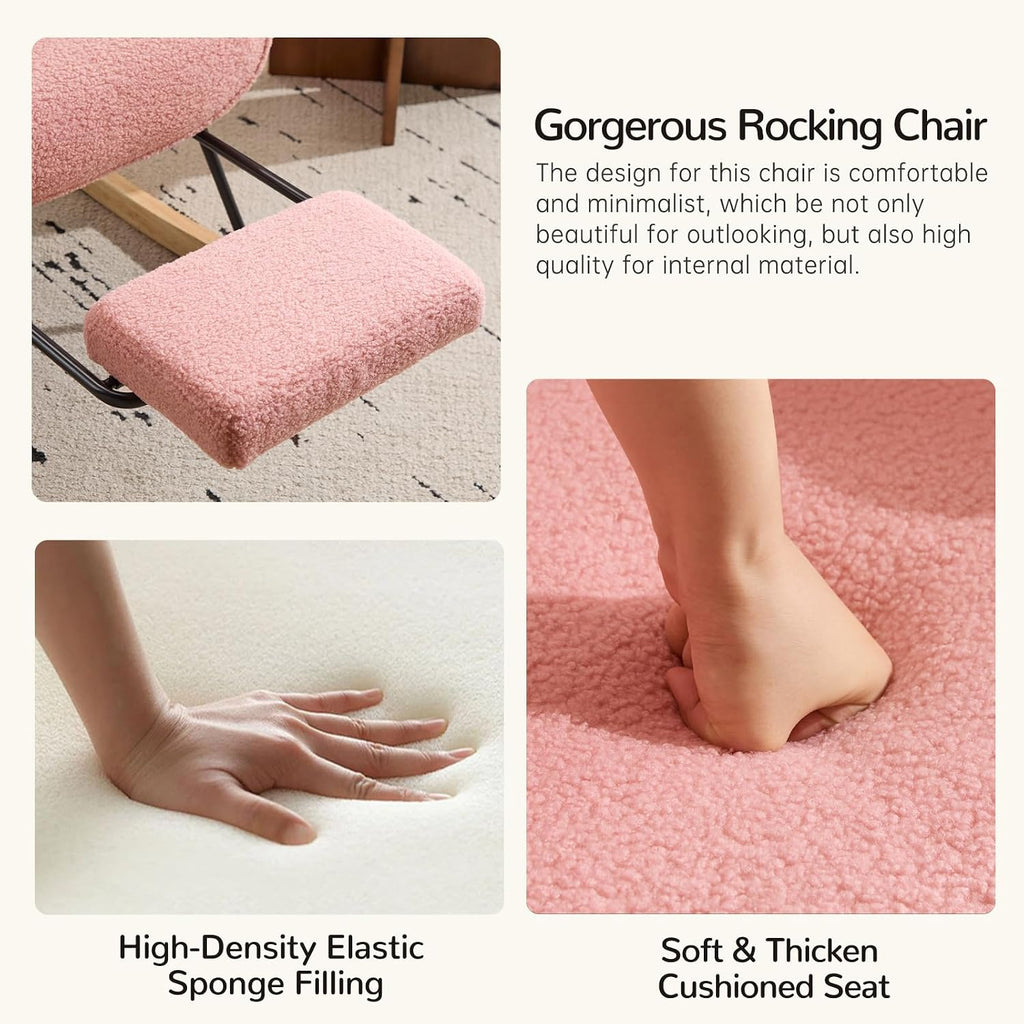 Furniliving Nursery Rocking Chair Modern Armchair Upholstered Glider Rocking Chair Accent Chair with Retractable Footrest Reading Chair with High Backrest Solid Wood Base for Bedroom, Pink, Teddy