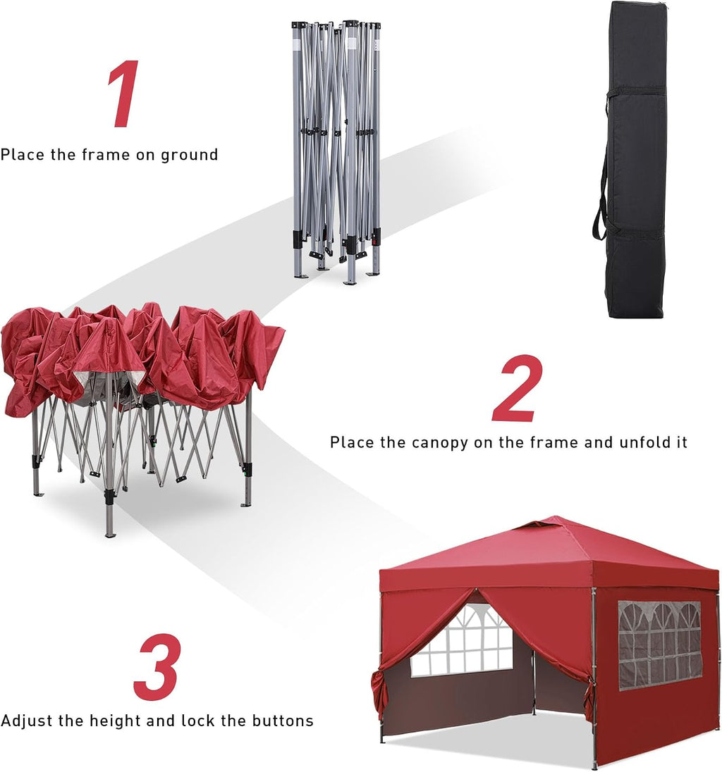 GDY 10x10 Easy Set Up Camping Canopy, Pop Up Tent with 4 Piece Sidewalls, Easy Up Canopy for Events, Parties, Gatherings, Camping, Red.