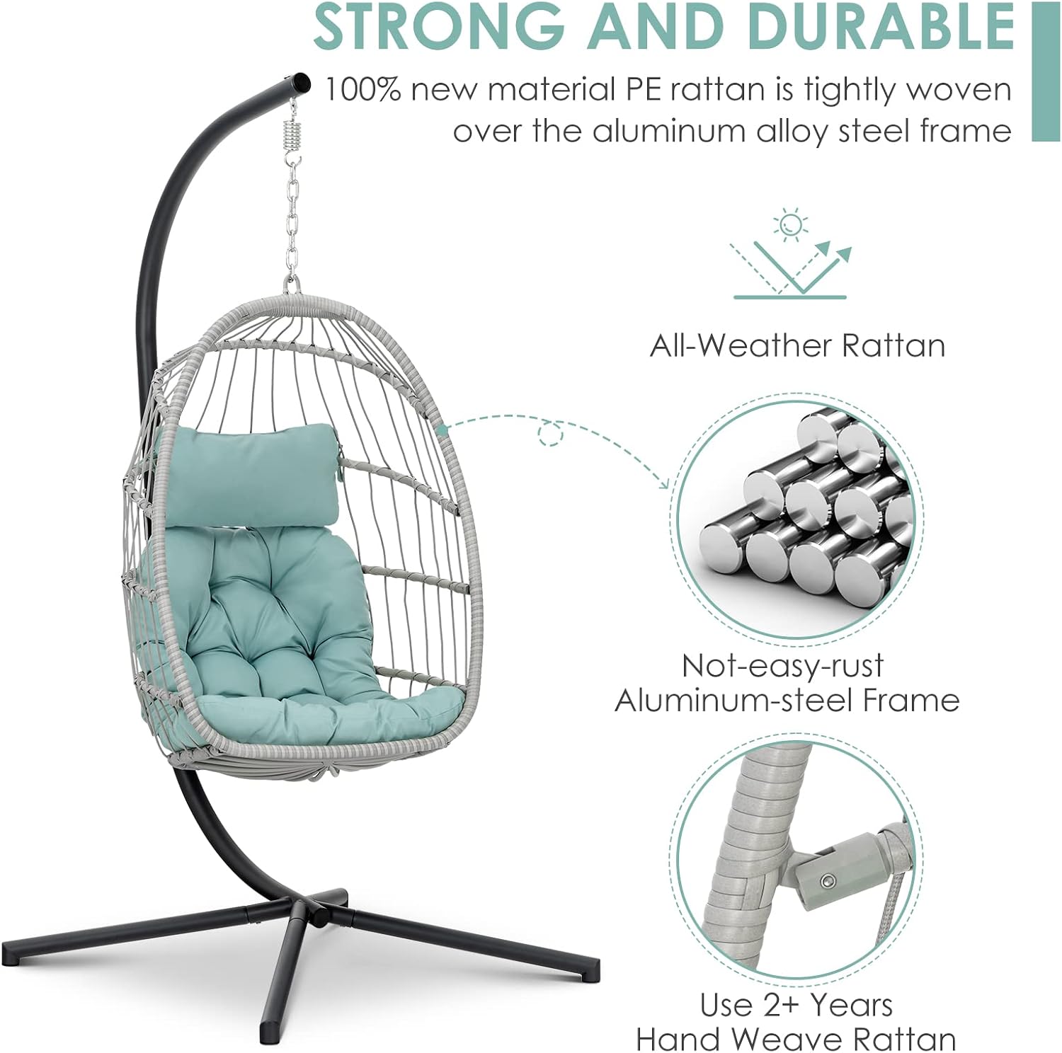 Brafab Egg Chair with Stand Indoor Outdoor Swing Egg Chair, Patio Wicker Hanging Chair with Stand Hammock Egg Chairs with UV Resistant Cushion and Aluminum Frame for Bedroom Balcony Garden Light Blue