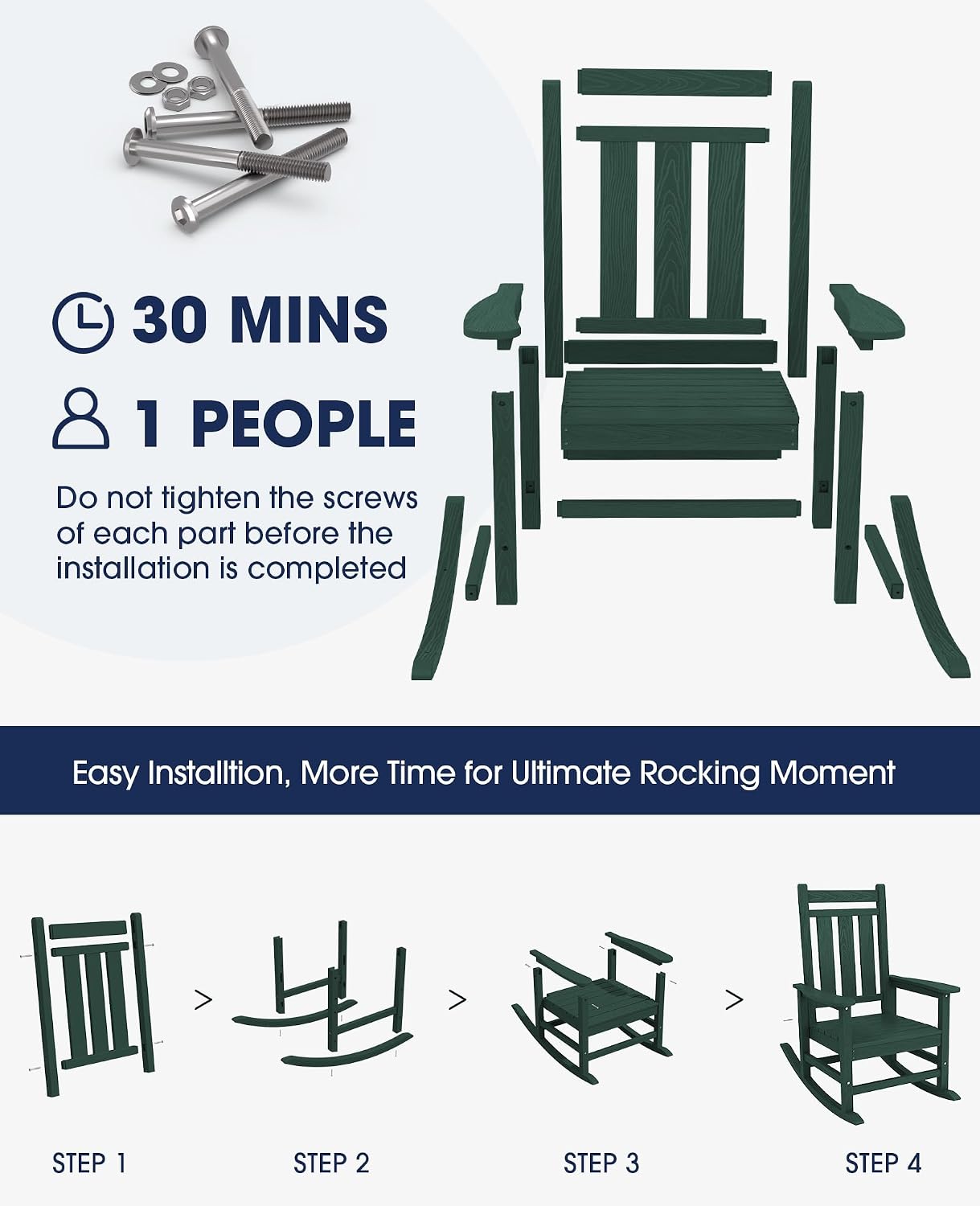 KINGYES Oversized Outdoor Rocking Chair Set of 2, All-Weather Patio Rocking Chairs for Porch, HDPE Outdoor Patio Rockers with High Back & Wide Seat for Garden, Lawn, Green