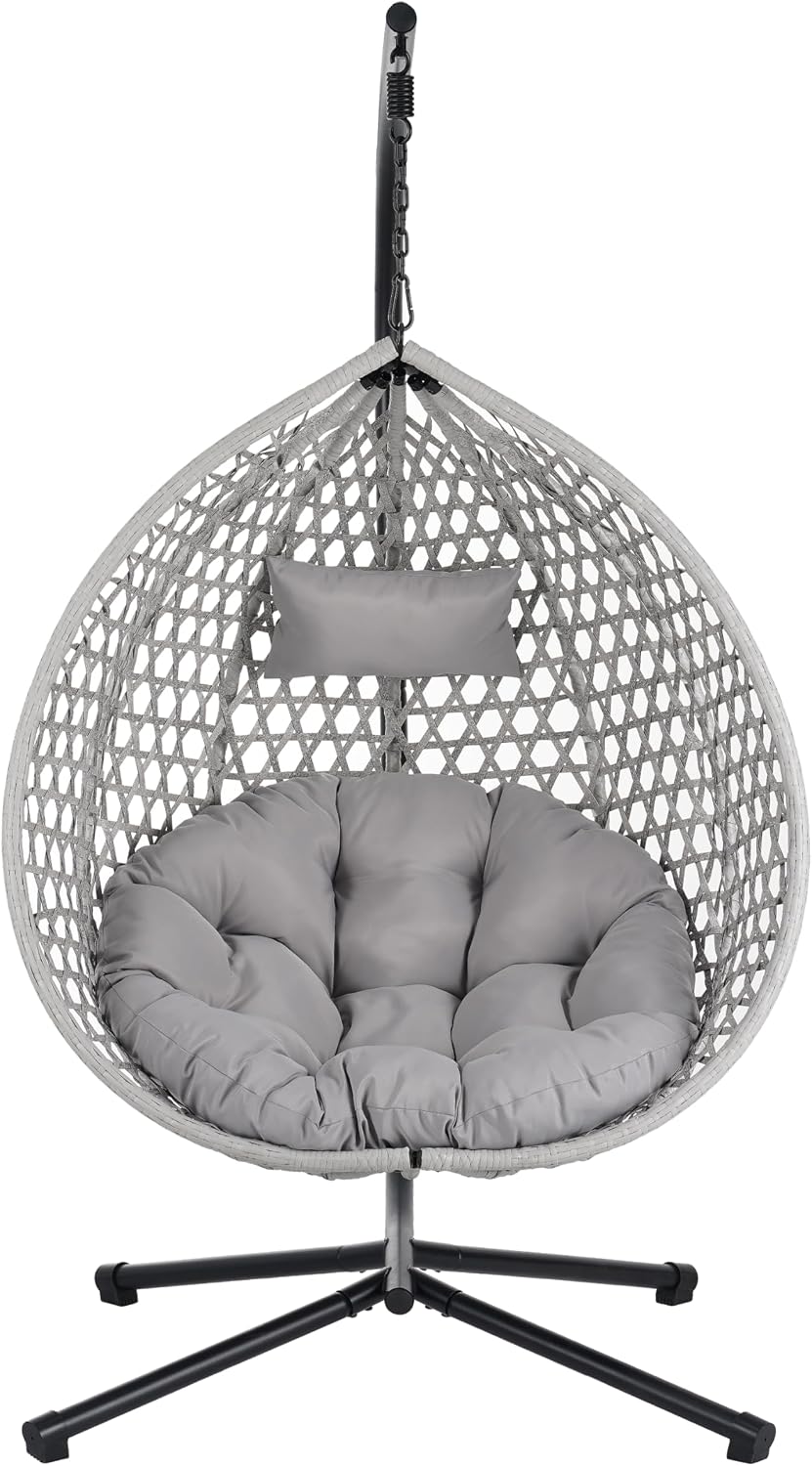 Hanging Egg Chair with Stand, Indoor Outdoor Hammock Swing Chair, 330 lbs Capacity, HDPE Rattan, Iron Frame, Removable Cushion, Foldable Design (Gray+Gray)