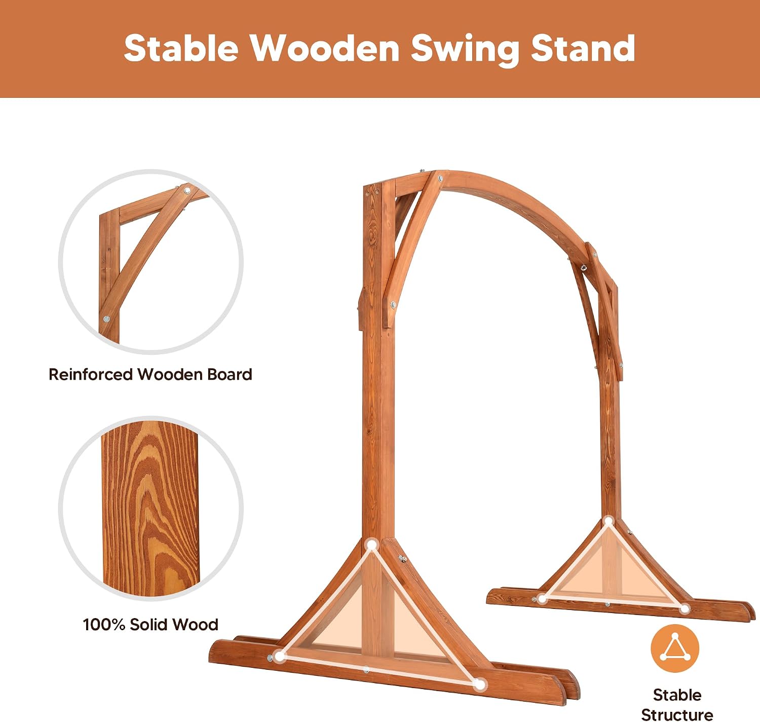 SUNCREAT Heavy Duty Wooden Swing Frame, Stable Frame Porch Swing Bench Stand for Patio, Backyard, 800 lbs Capacity, Brown