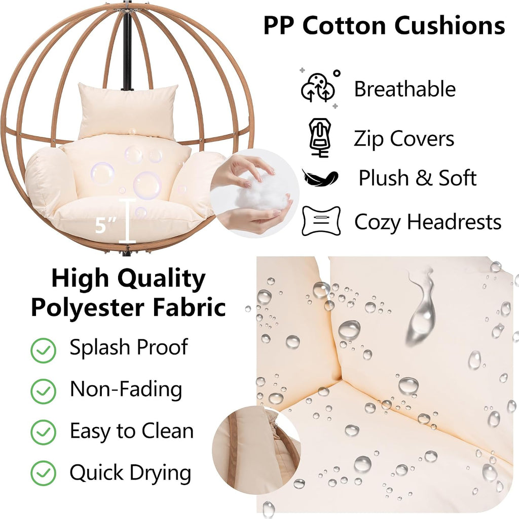 Egg Chairs Outdoor, Hanging Egg Chair with Stand, All Weather Swing Chair, Modern Swinging Egg Chairs Indoor, Metal Hanging Chairs with Cushions, Patio Lounge Chair for Balcony/Deck, Beige