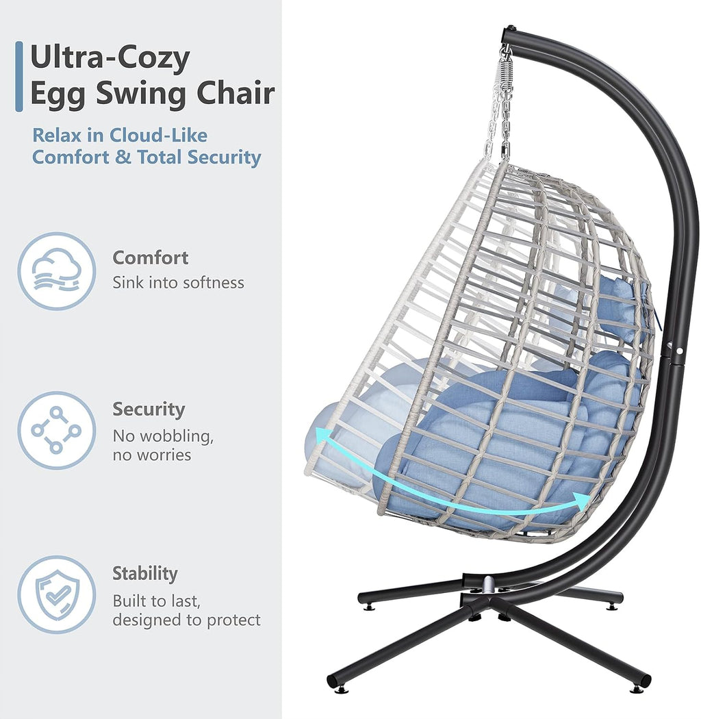 SWITTE Double Egg Swing Chair with Stand, Outdoor Patio 2 Person Hanging Wicker Hammock Chairs with Cushion for Indoor Bedroom, Lawn, Garden-Light Blue