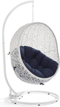 Modway Hide Wicker Rattan Outdoor Patio Porch Lounge Egg Swing Chair Set with Stand in White Navy