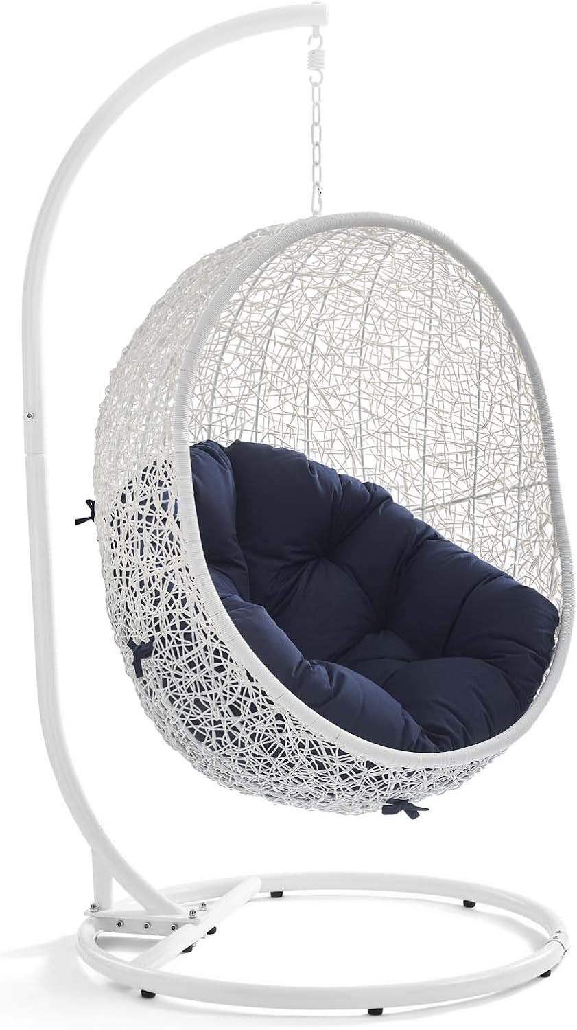 Modway Hide Wicker Rattan Outdoor Patio Porch Lounge Egg Swing Chair Set with Stand in White Navy
