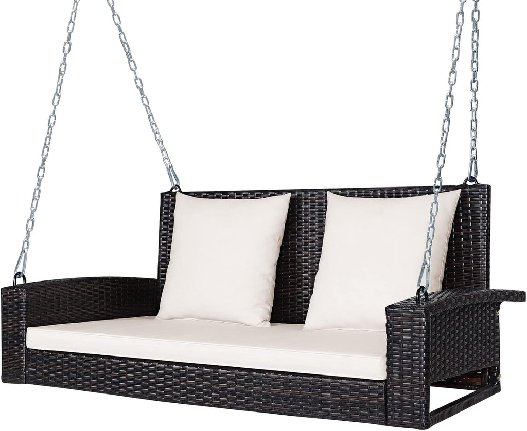 Tangkula 2-Person Wicker Porch Swing, Patiojoy Outdoor Rattan Hanging Swing Bench W/ 2 Back Cushions & 1 Seat Cushion, Sturdy Steel Chain, 800lbs Weight Capacity