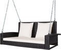 Tangkula 2-Person Wicker Porch Swing, Patiojoy Outdoor Rattan Hanging Swing Bench W/ 2 Back Cushions & 1 Seat Cushion, Sturdy Steel Chain, 800lbs Weight Capacity