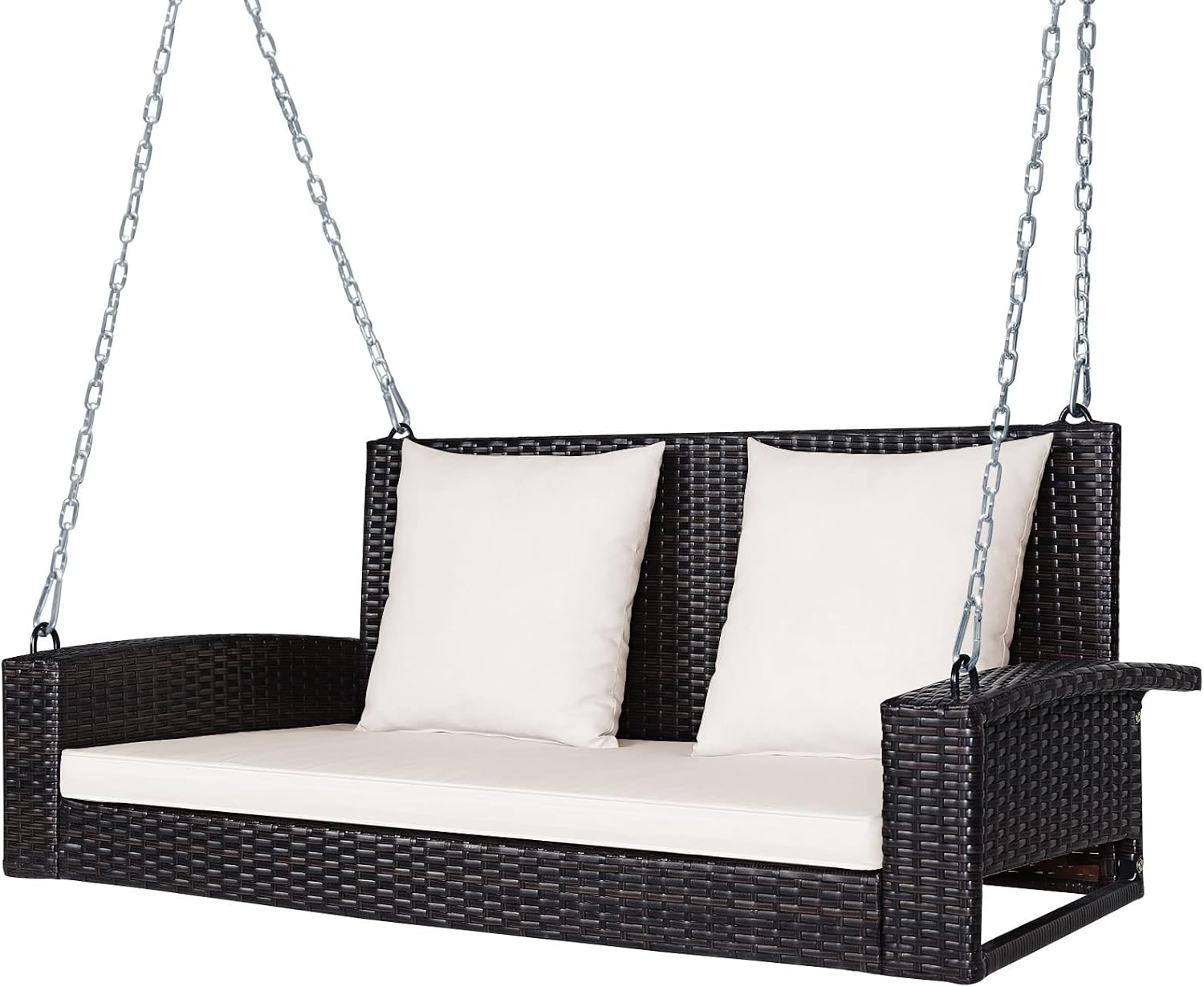 Tangkula 2-Person Wicker Porch Swing, Patiojoy Outdoor Rattan Hanging Swing Bench W/ 2 Back Cushions & 1 Seat Cushion, Sturdy Steel Chain, 800lbs Weight Capacity