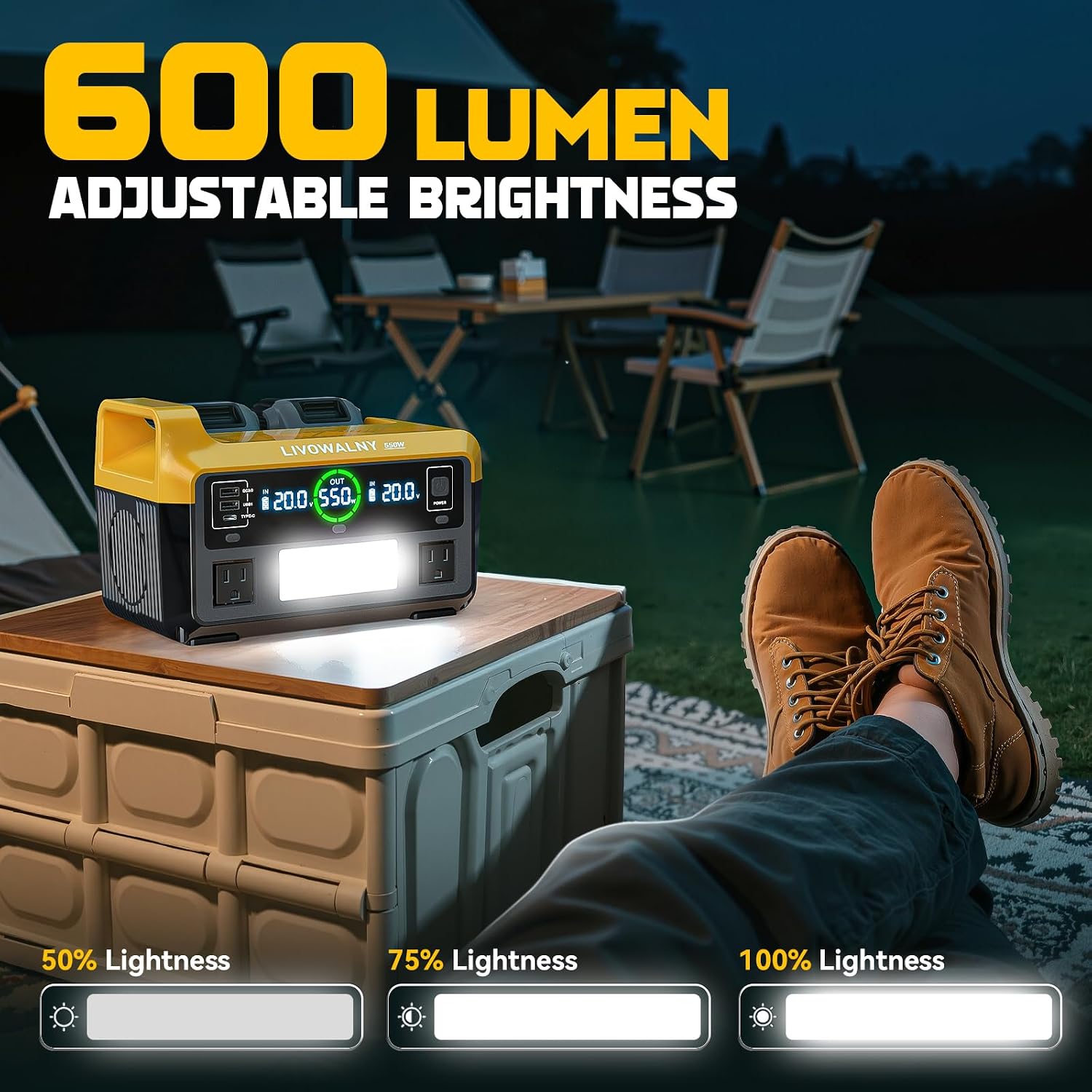 LIVOWALNY 550W Power Inverter Compatible with DeWALT 20V Battery, DC 20V to AC 110-120V Pure Sine Wave Power Station with 2 AC Outlets, 2 USB-A & 1 Type-C, for Camping Power Outage (No Battery)