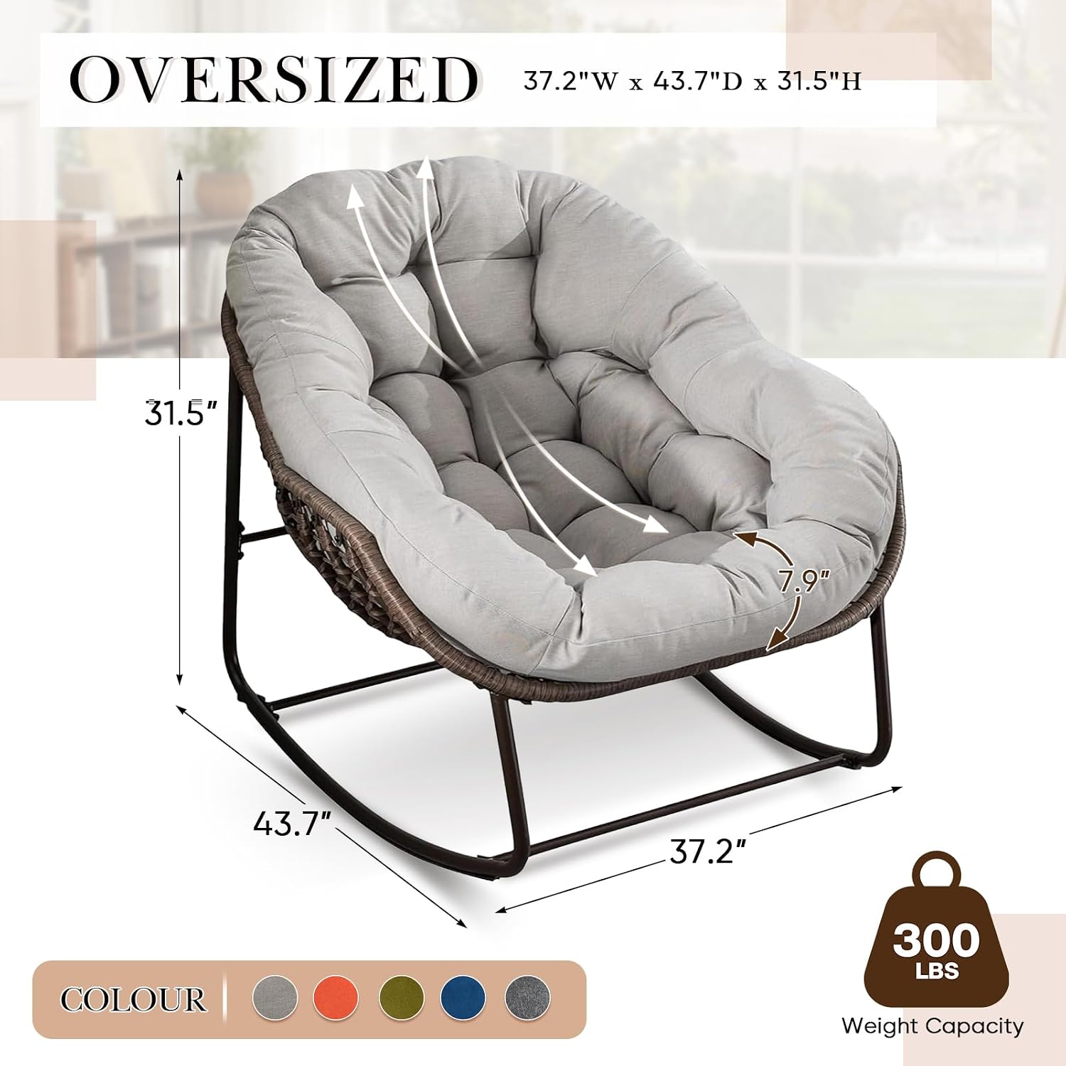 Large Indoor Outdoor Rocking Chair, Oversized Rocking Papasan Chair with Thick Cushion and Frame Outdoor Rocker, Comfy Wicker Egg Chairs Lounge for Outside Porch Patio Backyard (Beige, Set of 2)