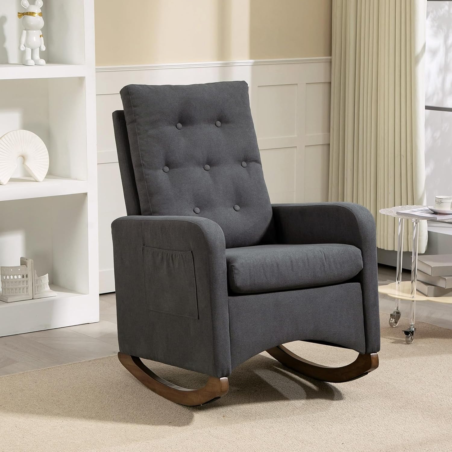 Nursery Rocking Chair, Comfy Upholstered Glider Rocker Armchair with Rubber Wood Legs High Back and Side Pocket for Living Room Bedroom, Deep Grey