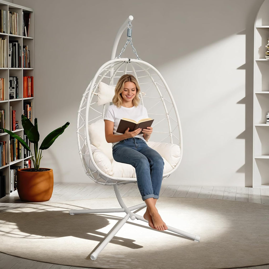Egg Chair with Stand, Wicker Hanging Chair for Outdoor Patio, Cushioned Hammock Swing for Bedroom Garden Indoor/Outdoor, Double-Zipper Structure Hanging Egg Chair (White and White)