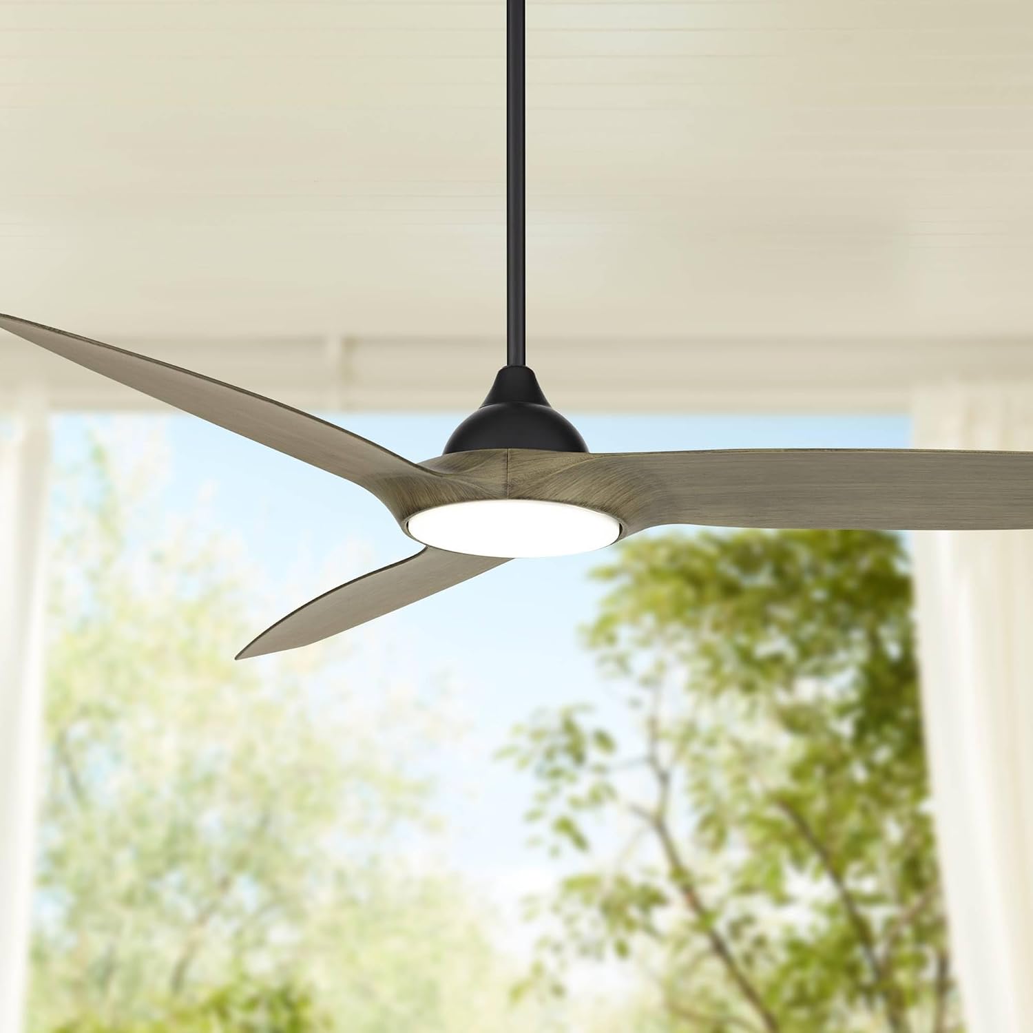 Casa Vieja 56' Olympia Modern 3 Blade Outdoor Ceiling Fan with LED Light Remote Control Matte Black Light Wood Damp Rated for Patio Exterior House Home Porch Gazebo Garage Barn