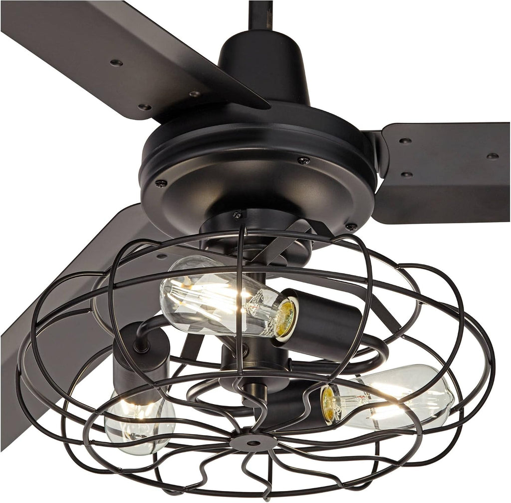 Casa Vieja 60' Turbina Modern Industrial 3 Blade Indoor Outdoor Ceiling Fan with LED 3-Light Remote Control Matte Black Cage Damp Rated for Patio Exterior House Porch Gazebo Garage Barn