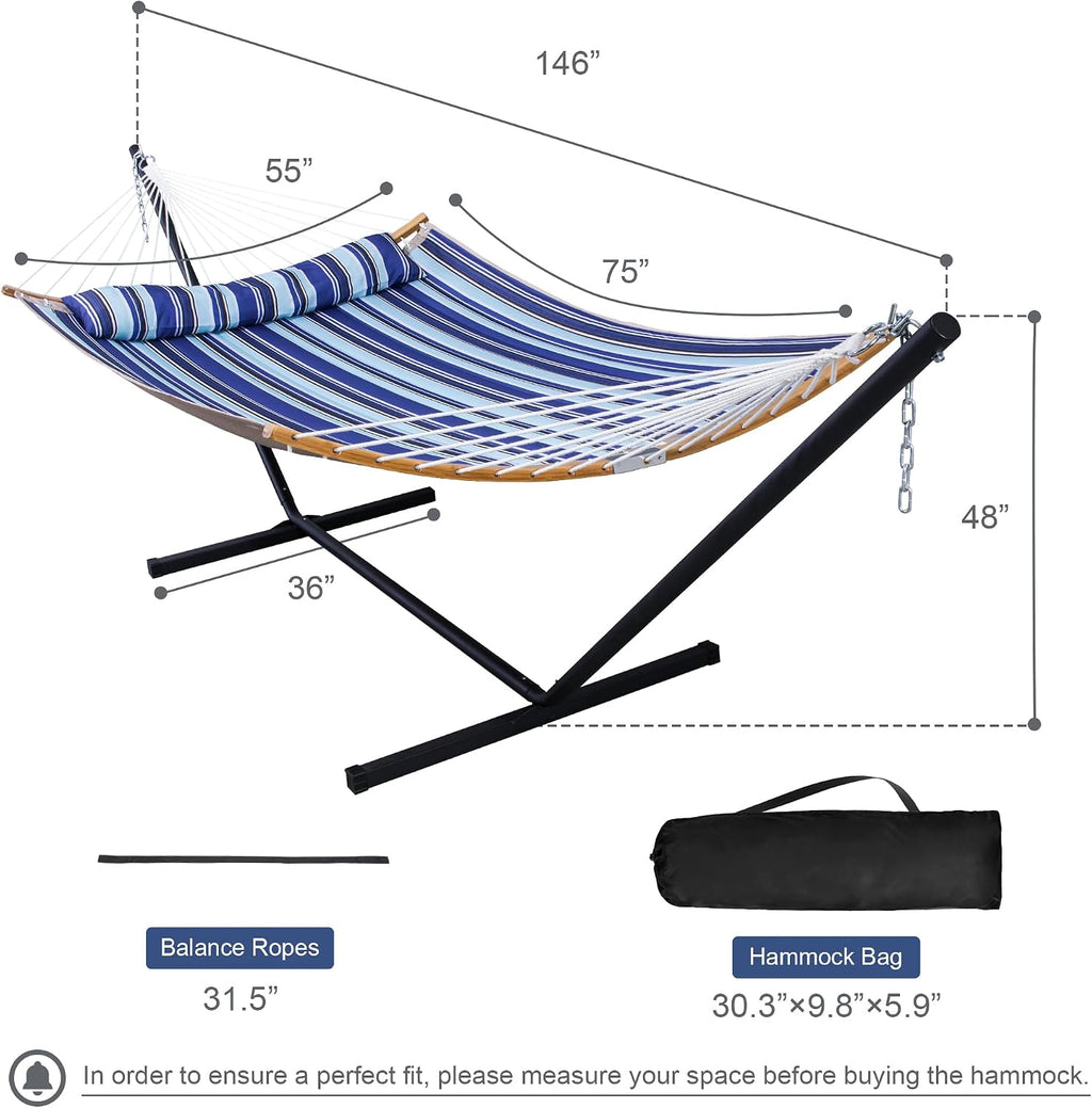12 Ft Hammock with Stand for Outside, 2 Person Hammock Freestanding with Curved Spreader Bars, Pillow and Portable Bag, Heavy Duty 450 Lbs, Blue Stripes