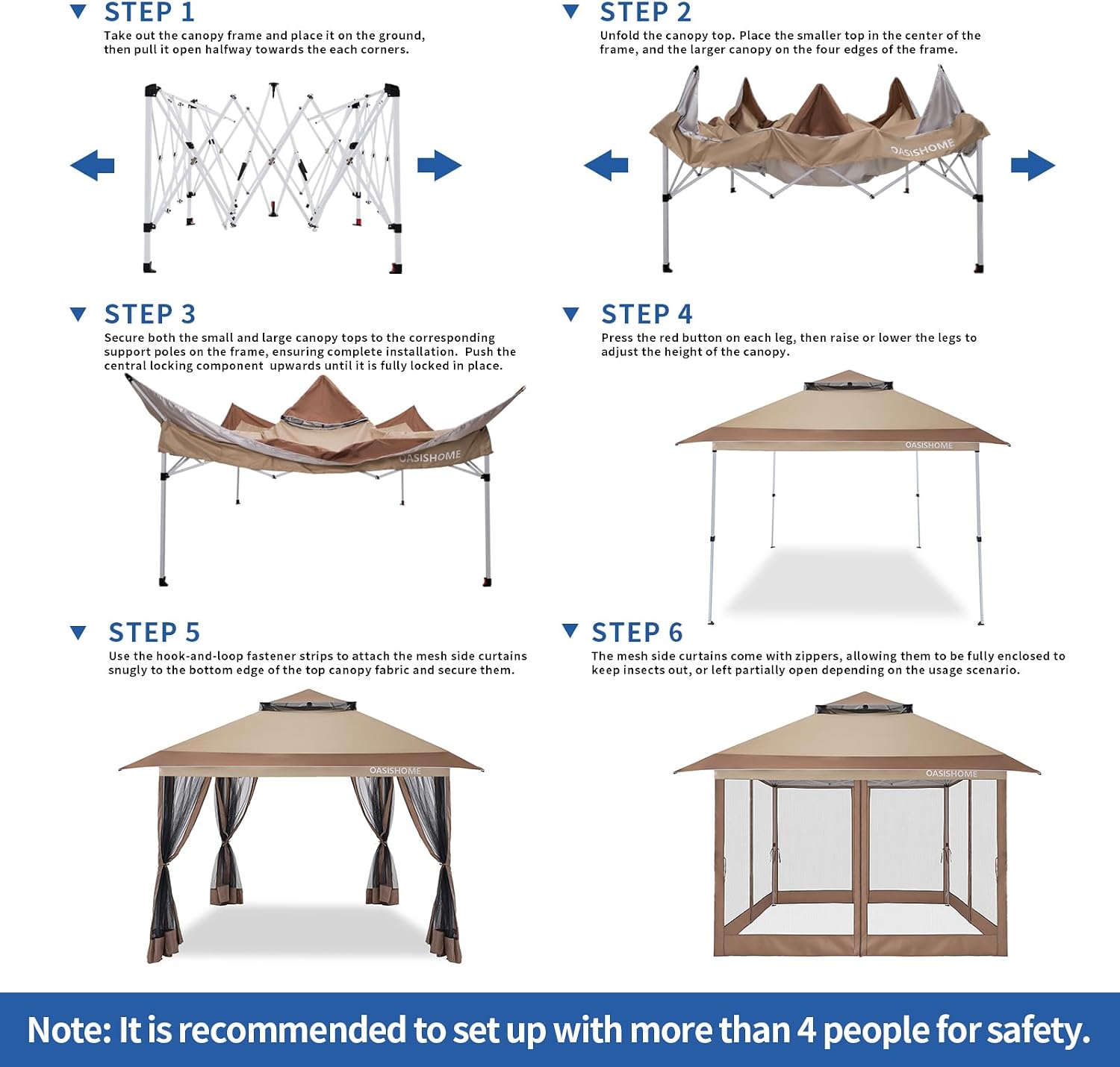 OASISHOME Pop-up Gazebo Portable Instant Canopy Tent 12x12, One-Push Locking System, with 4 Mesh Sidewall, Wheeled Bag, for Patio/Backyard/Outdoor/Parties/Events (Khaki,12FTx12FT)