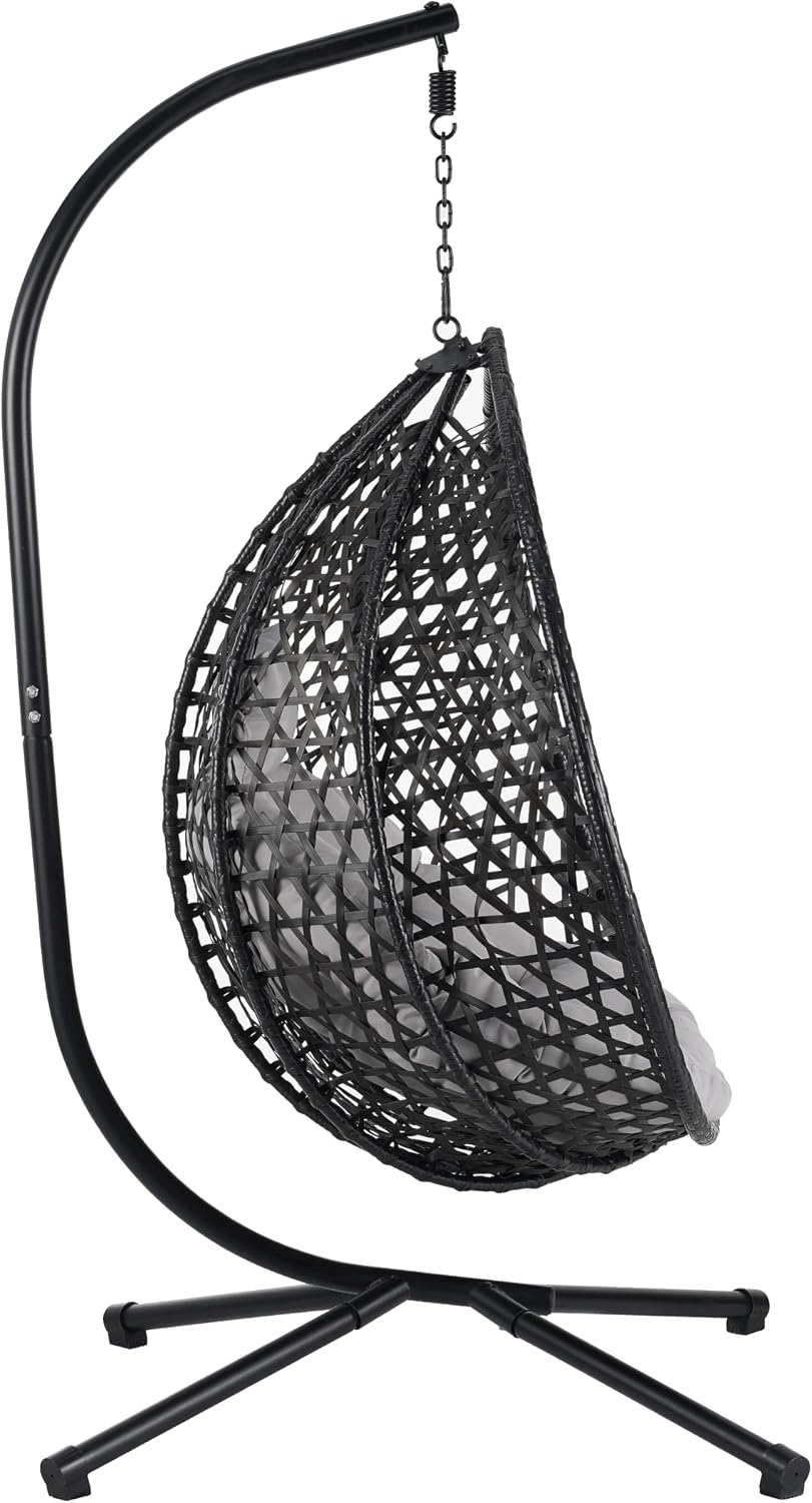 Sturdy Hammock Chair with Stand,Durable Hanging Egg Chair with Rattan Weaving,Comfortable Indoor Outdoor Swing Chairs with Soft Removable Cushion,Suitable for Balcony, Bedroom, or Garden, Black+ Gray