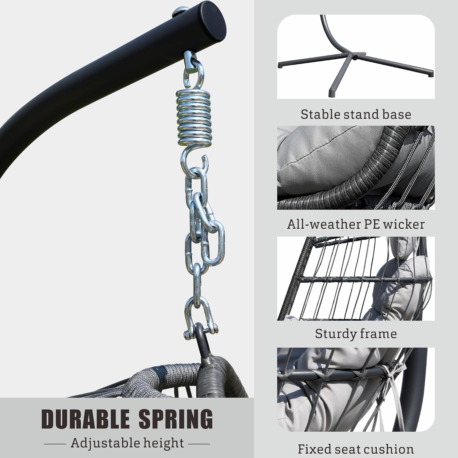 FREDEES Egg Swing Chair with Stand, Outdoor Hanging Egg Chair with Cushion for Patio/Porch/Balcony/Indoor (Light Gray)