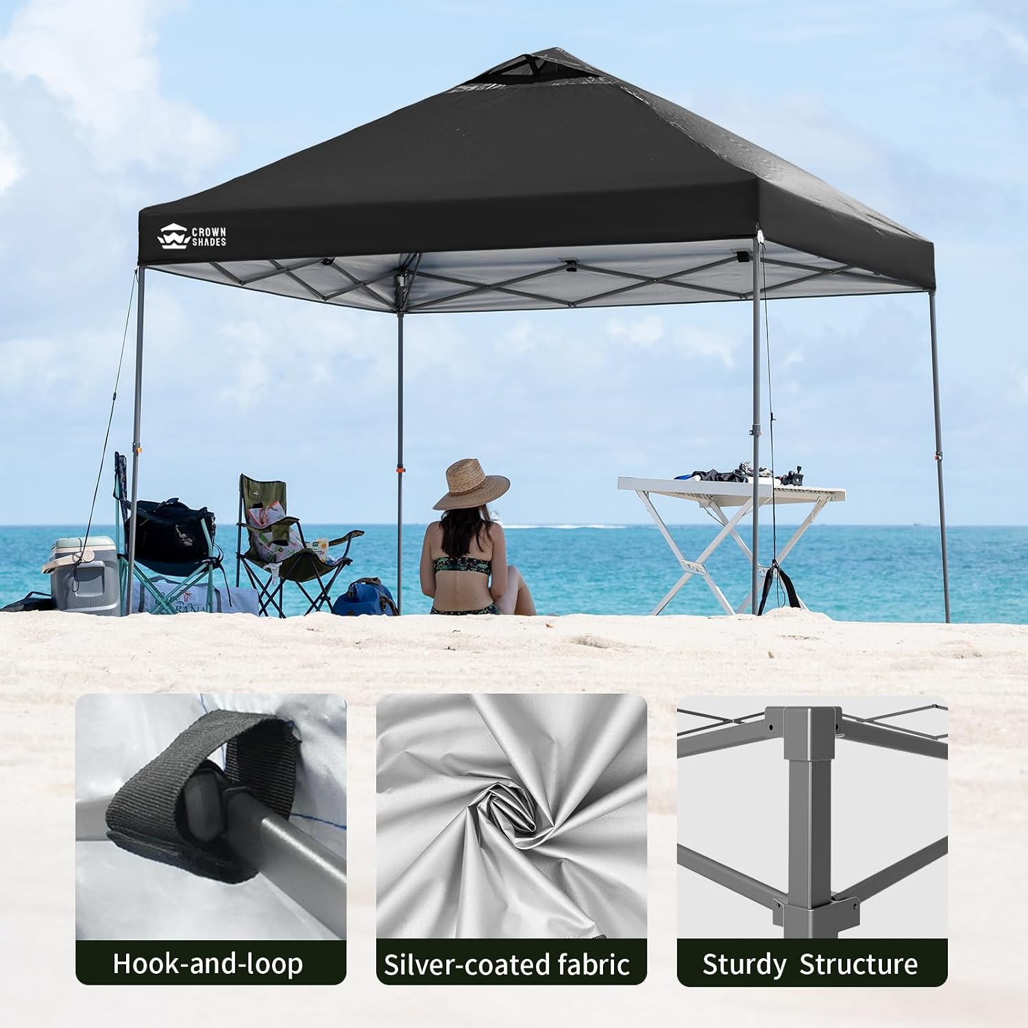 CROWN SHADES Adjustable Height on The Fly, 10x10 Pop Up Canopy - Beach Tent with One Push Setup - Easy Outdoor Sun Shade for Events, Parties, Camping - Outside Shade with STO-N-Go Bag, Black