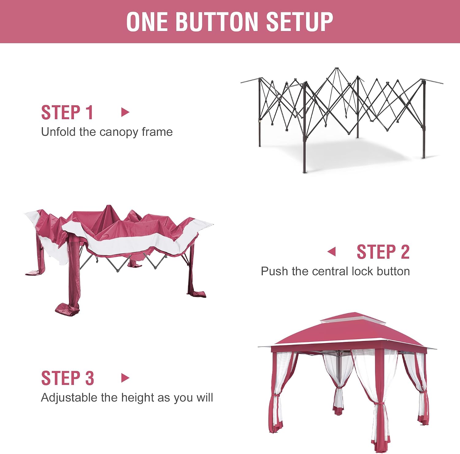 Pop Up Gazebo 11x11, Outdoor Instant Canopy Shelter Tent with Mosquito Netting Metal Frame Storage Bag for Patio Garden Backyard.(Pink)