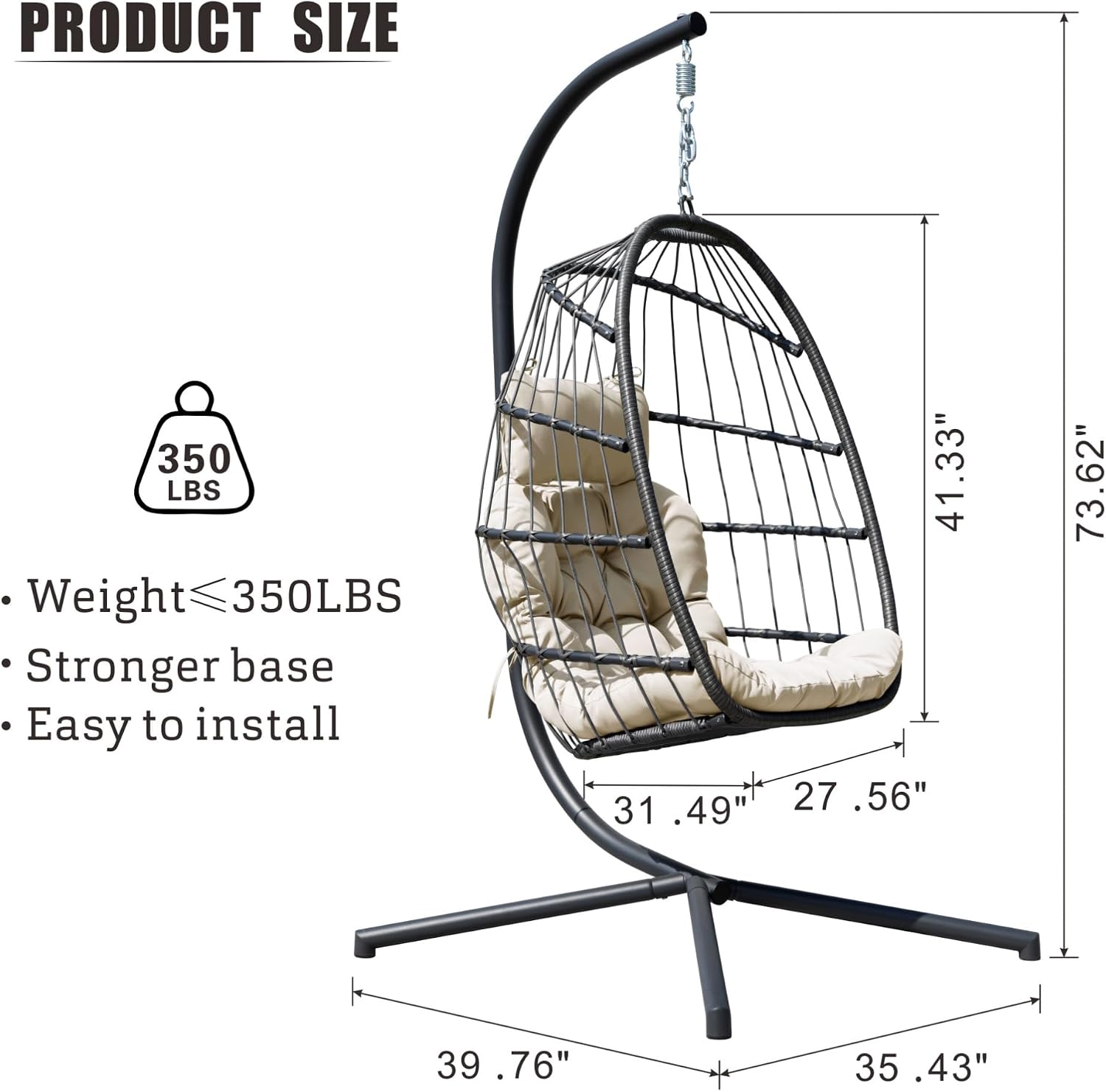 FREDEES Egg Swing Chair with Stand, Outdoor Hanging Egg Chair with Cushion for Patio/Porch/Balcony/Indoor (Beige)