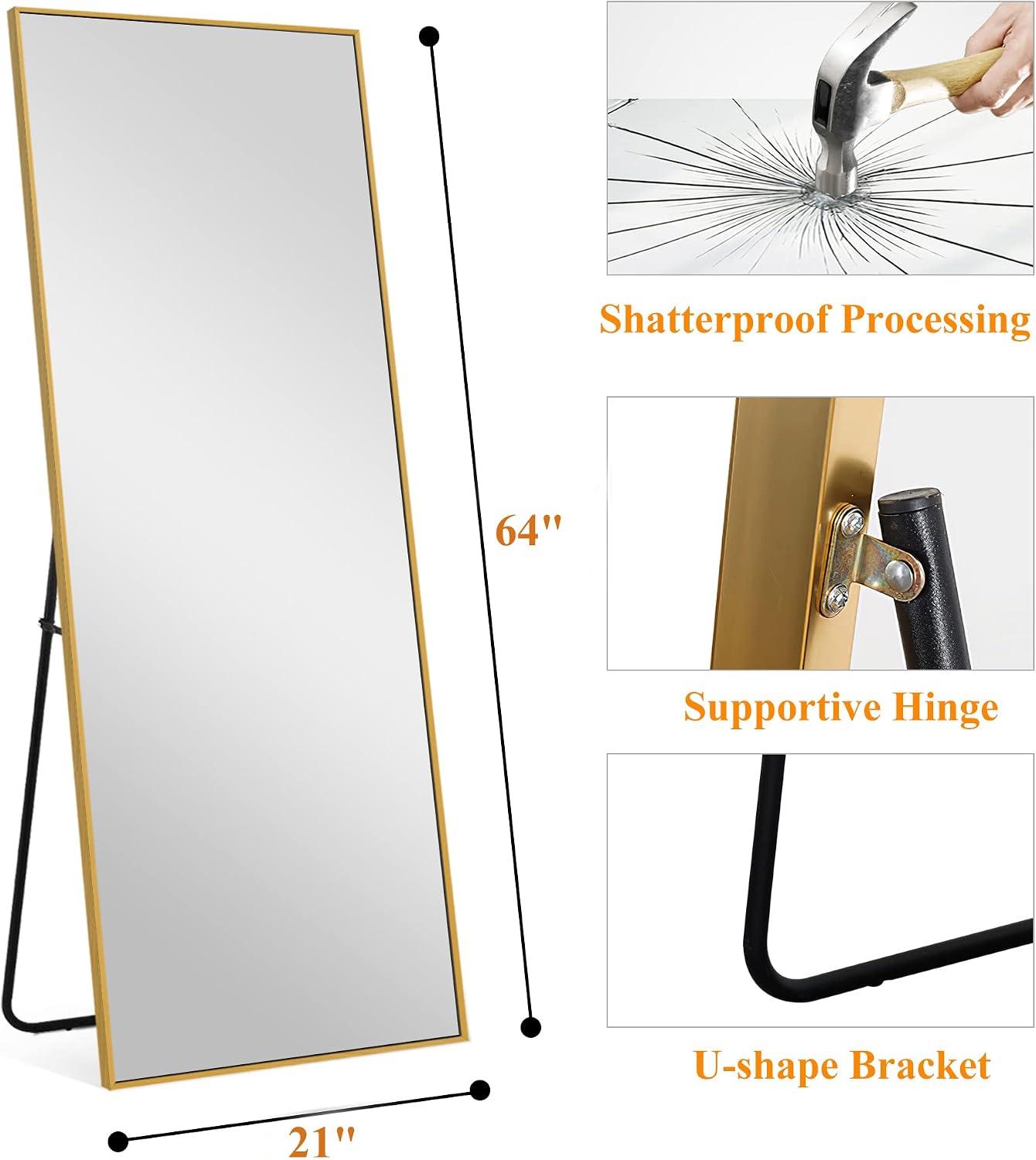 NeuType Full Length Mirror, 64'x21' Body Mirror with Stand Floor Standing Wall-Mounted Hanging or Leaning Against Wall Aluminum Alloy Thin Frame (Gold)