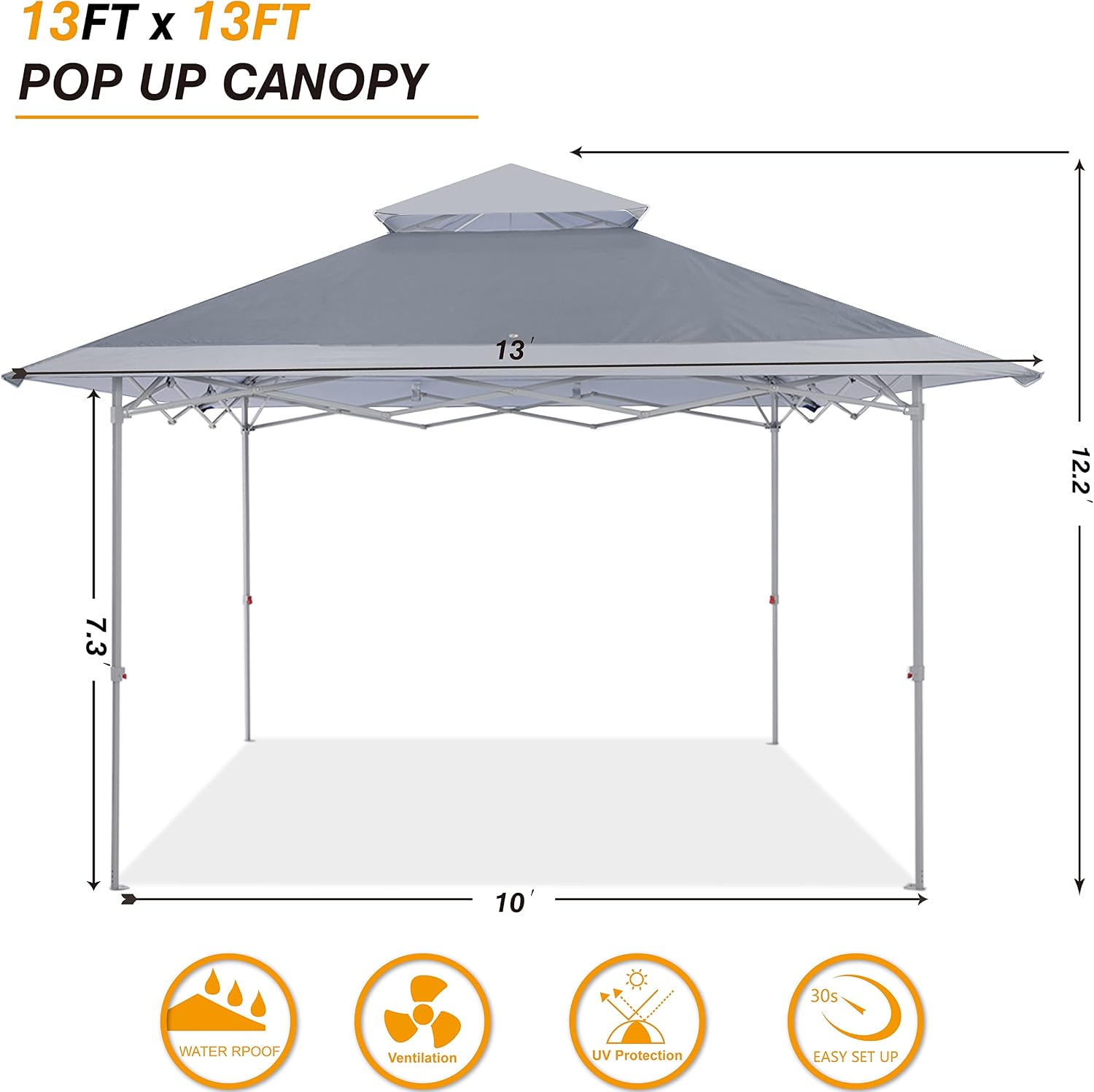 COOSHADE 13x13Ft Pop Up Canopy Tent Instant Folding Shelter 169 Square Feet Large Outdoor Sun Protection Shade(Grey)