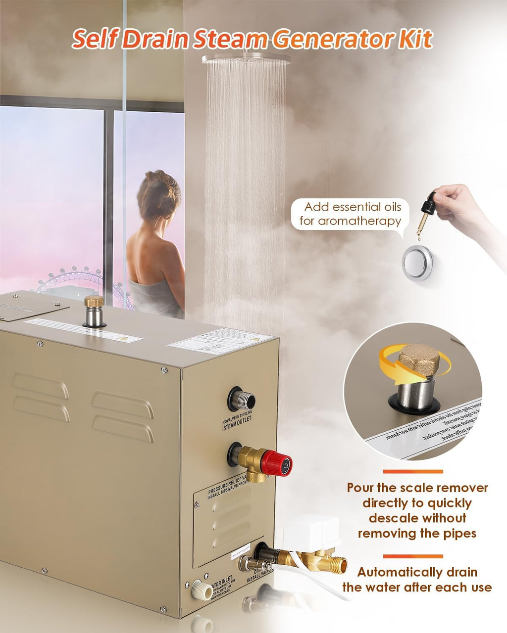 Steam Shower Generator Kit 9KW for Bath Sauna SPA, Aromatherapy Steam Head, Self-draining System, LED Touchscreen Controller, 12-Hour Timer 77-131℉ for 318CBFT/9m³ Room