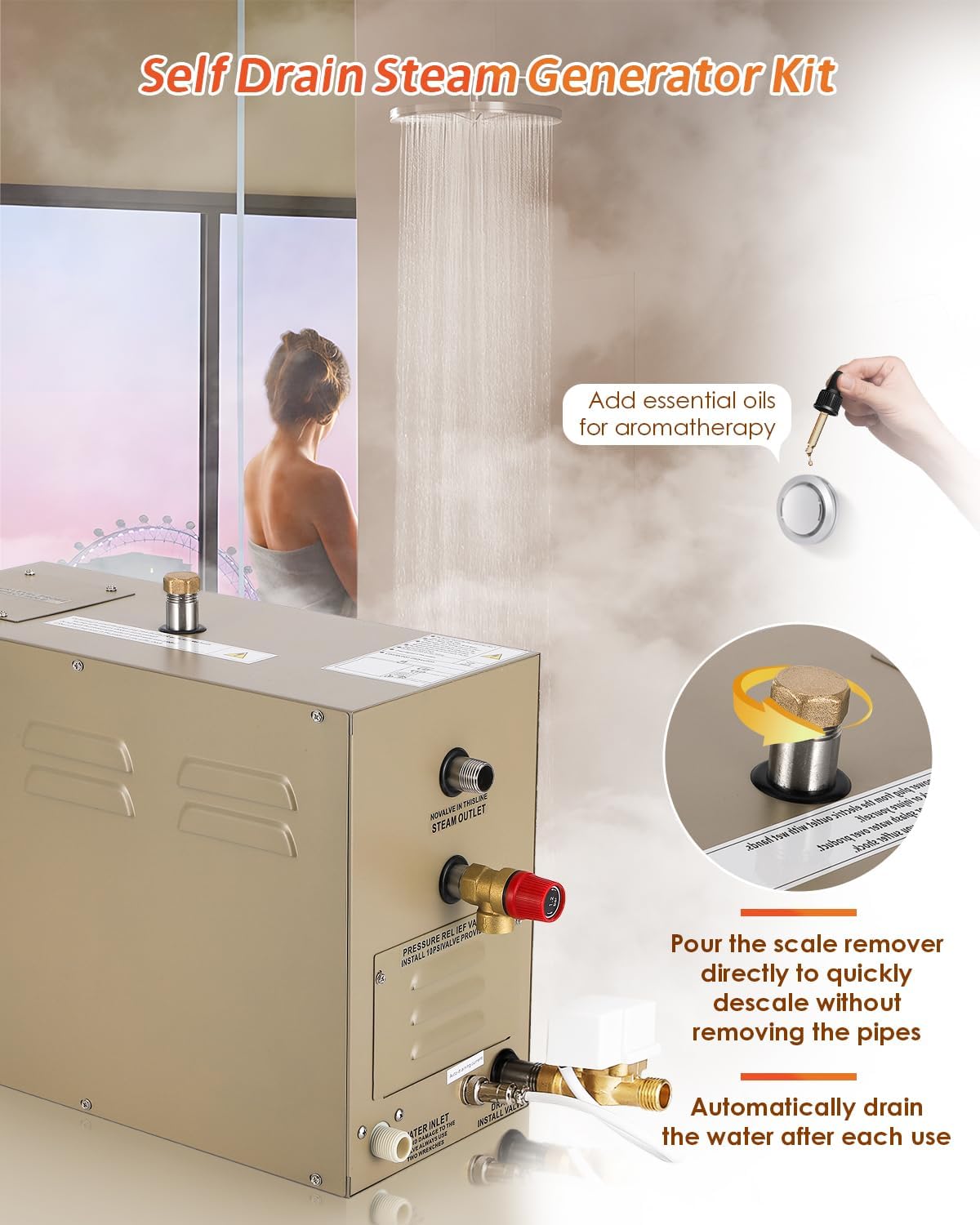 Steam Shower Generator Kit 9KW for Bath Sauna SPA, Aromatherapy Steam Head, Self-draining System, LED Touchscreen Controller, 12-Hour Timer 77-131℉ for 318CBFT/9m³ Room