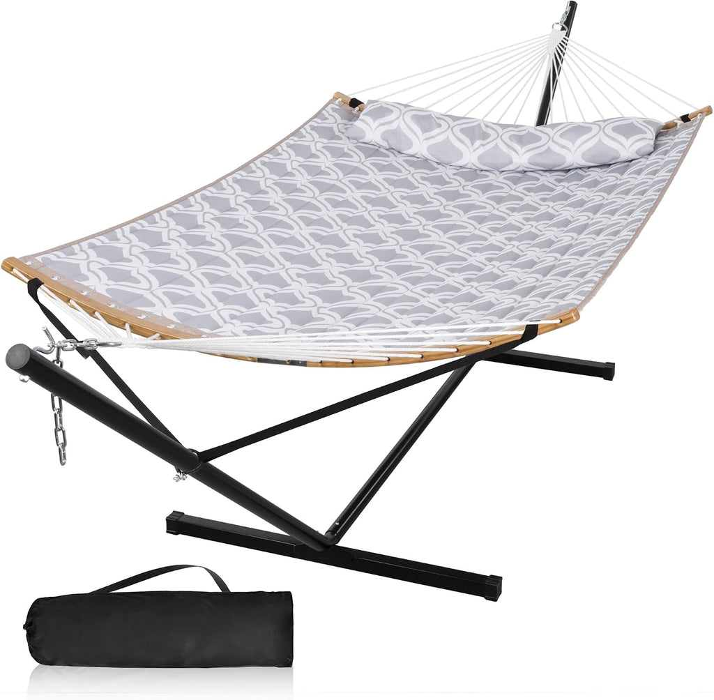 Large Hammock with 12FT Steel Stand, Freestanding Hammock with Curved Spreader Bar, Pillow and Portable Bag for Outside, Gray Ripples
