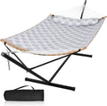 Large Hammock with 12FT Steel Stand, Freestanding Hammock with Curved Spreader Bar, Pillow and Portable Bag for Outside, Gray Ripples