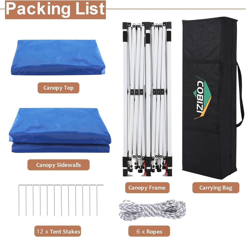 COBIZI 10x20 Pop Up Canopy with 6 Sidewalls,10x20 Canopy Tent Frame Upgraded with 3 Adjustable Heights,Waterproof UV50+ Outdoor Party Commercial Ez Up Gazebos with Carry Bag(10 x 20 ft Blue)