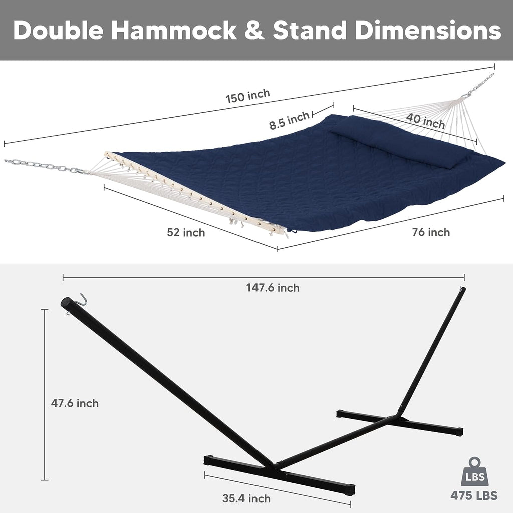 SUNCREAT Two Person Hammock with Stand, Carrying Bag, Heavy Duty Backyard Hammock and Stand, Navy Drops