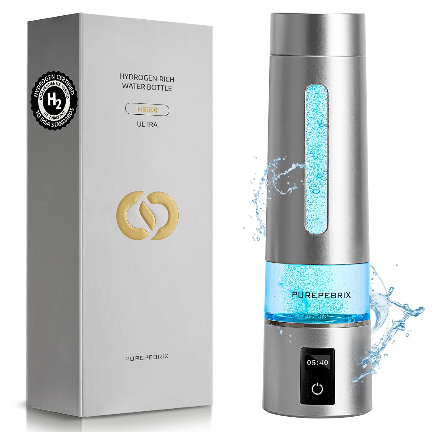 PUREPEBRIX Hydrogen Water Bottle Generator-Up to 8100 PPB Molecular Hydrogen, 12-Hour Hydrogen Retention, IHSA Certified SPE/PEM Tech, Portable Hydrogen Bottle, Healthy Gift (Platinum)
