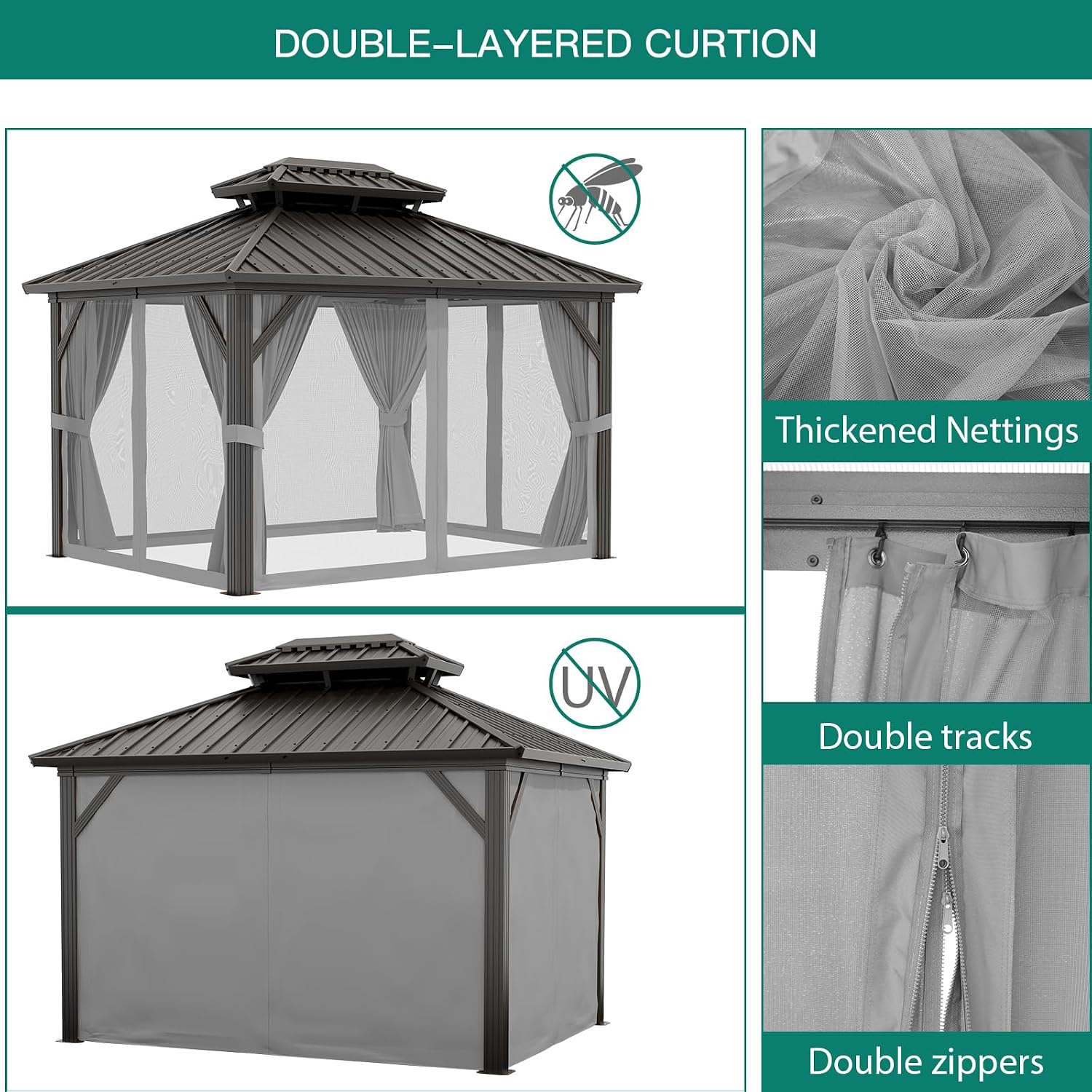GAOMON 10x10ft Gazebo, Hardtop Double Roof Canopy with Netting and Curtains, Outdoor Gazebo Galvanized Iron Aluminum Frame Garden Tent for Patio, Backyard, Deck, Lawns (Gray)