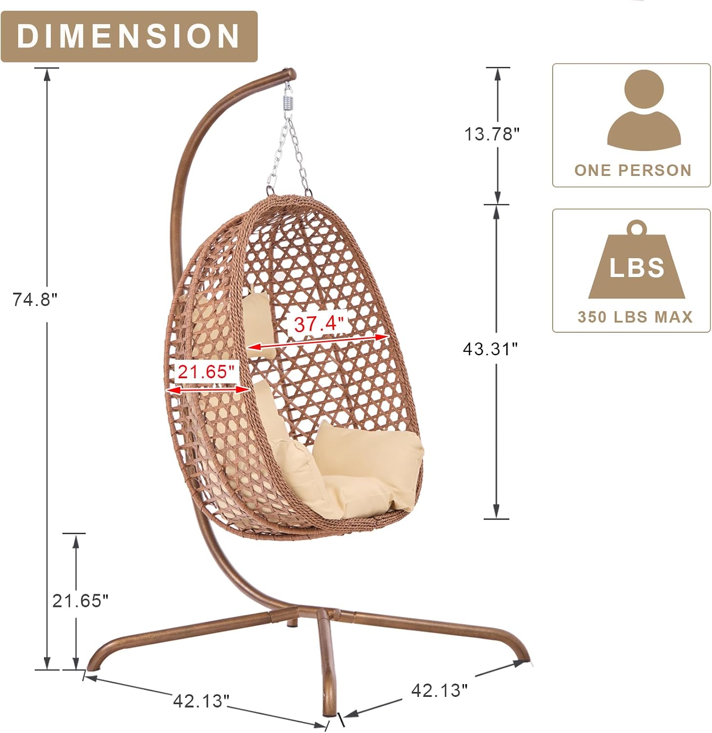 Indoor Hanging Chair with Stand for Bedroom, Patio Rattan Wicker Swing Egg Chair for Porch Garden Outdoor, Hammock Egg Swing Chair with UV Resistant Cushion, 350LBS Capacity (Beige)