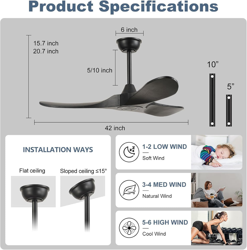 42'' Ceiling Fan no Light,Outdoor Ceiling Fan with Remote Control,3 Solid Wood Blades with Large Airflow for Bedroom,Living Room,Garage(black)