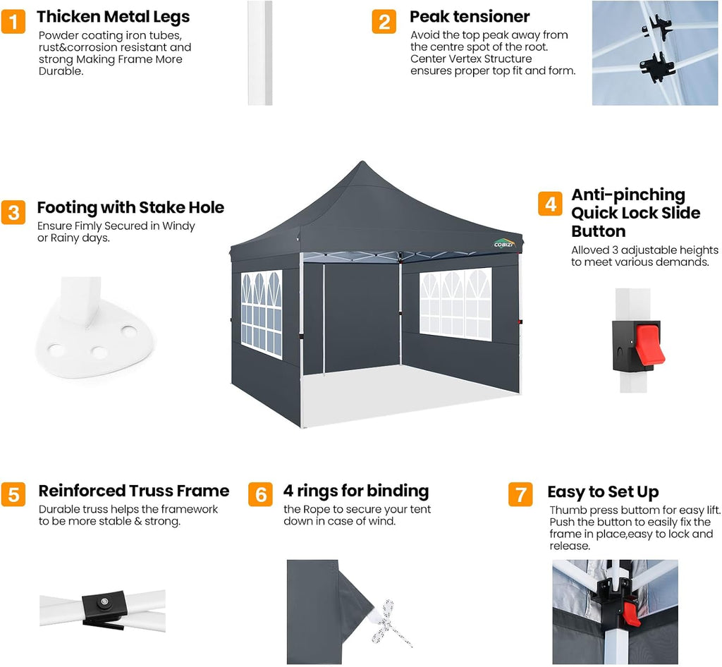 COBIZI 10x10 Pop Up Canopy with 4 Sidewalls, Pop up Tent 10x10 for Parties, Backyard, Commercial, Waterproof and Portable Instant Shelter UV50+ Ez Outdoor Canopy Gazebo with 4 Sandbags