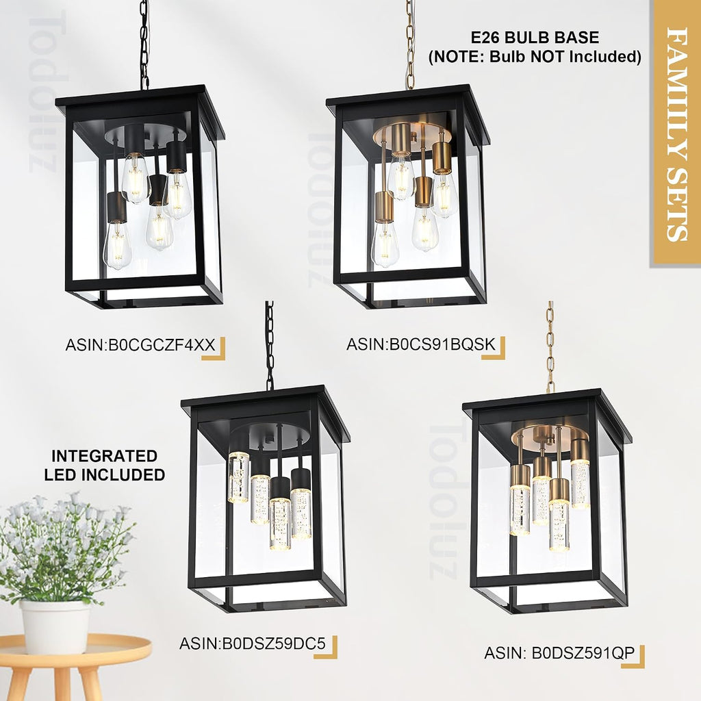 TODOLUZ Large 5CCT LED Outdoor Pendant Light Fixtures, Black Exterior Hanging Lantern Lamp LED Integrated Bulbs Included, Farmhouse Exterior Chandelier Ceiling Mount for Entrance Patio