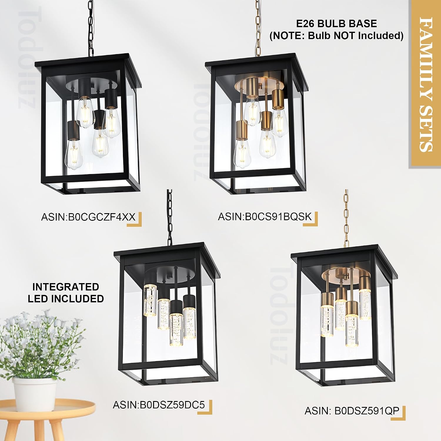 TODOLUZ Large 5CCT LED Outdoor Pendant Light Fixtures, Black Exterior Hanging Lantern Lamp LED Integrated Bulbs Included, Farmhouse Exterior Chandelier Ceiling Mount for Entrance Patio