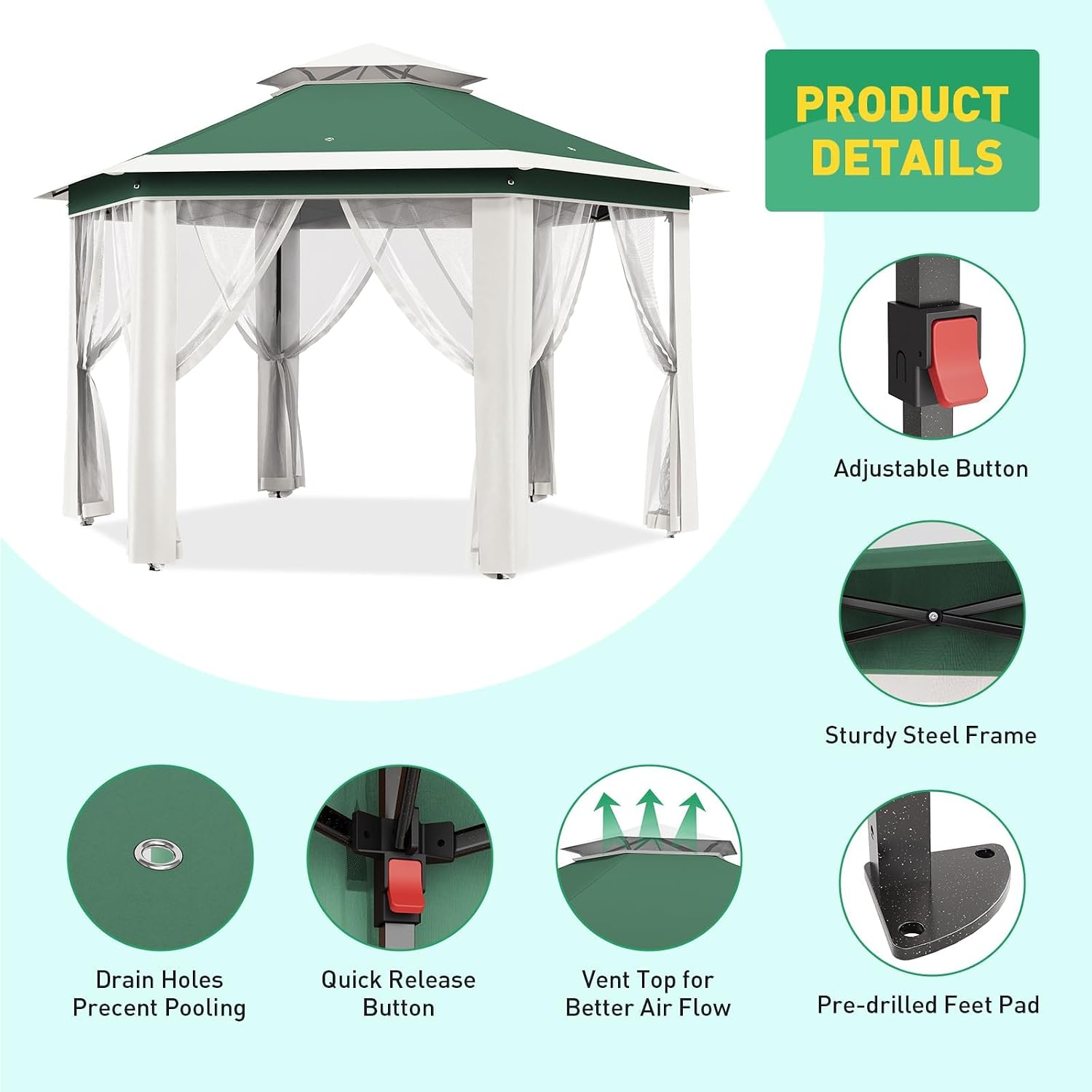 13x13 Ft 6-Sided Pop-Up Gazebo Canopy Tent with Removable Mesh Netting - Waterproof UV Protection Outdoor Instant Shelter for Patio, Backyard, Camping & Beach