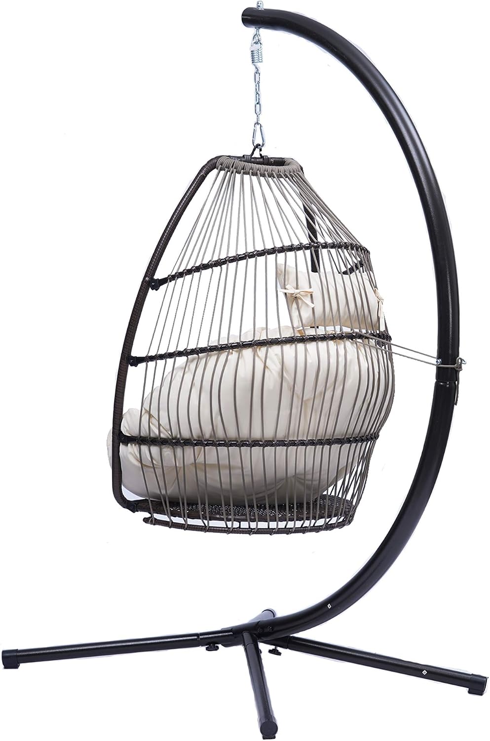 Modern Patio Wicker Folding Hanging Chair,Rattan Swing Hammock Egg Chair with C Type Bracket,with Cushion and Pillow,for Indoor,Outdoor,Beige