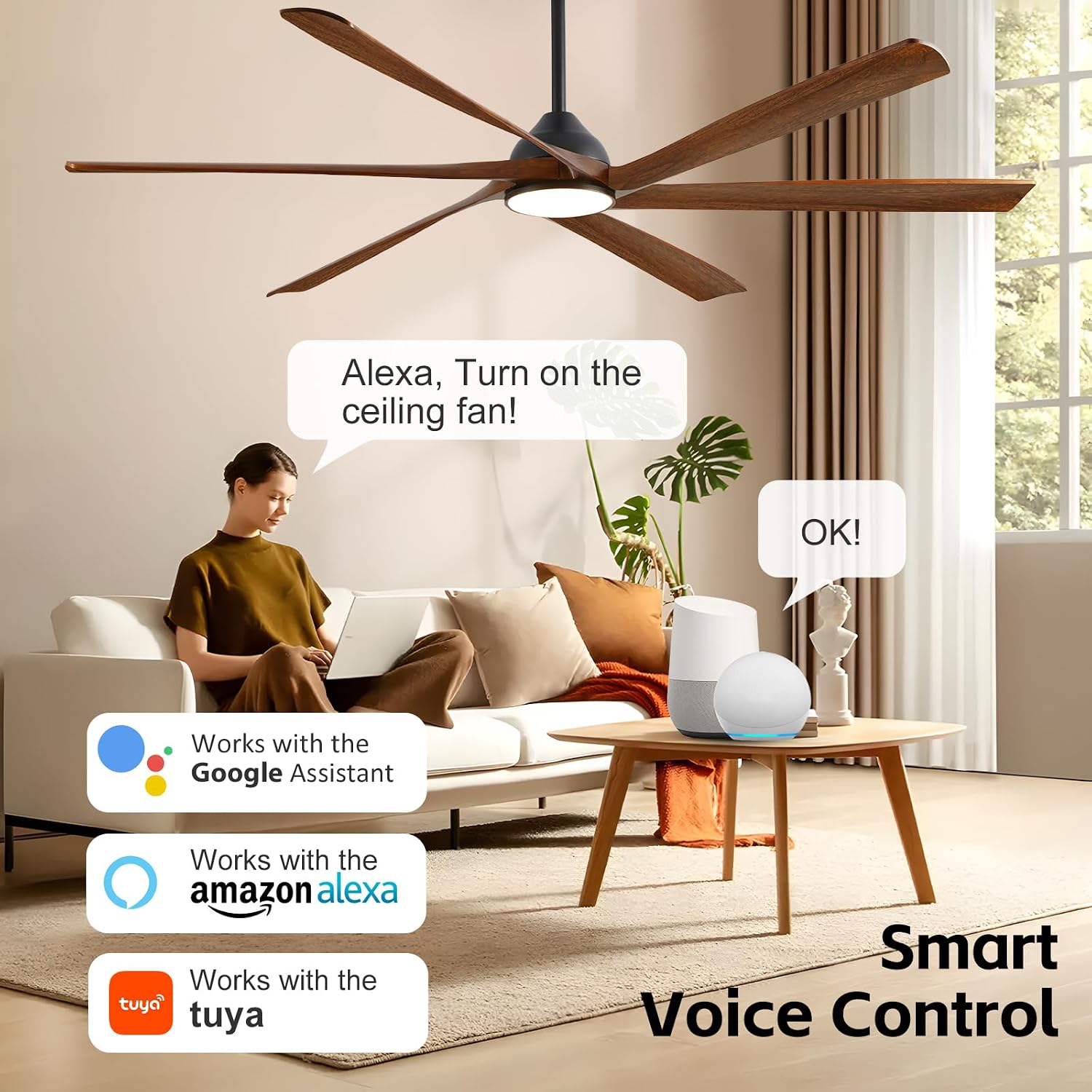 72 inch Outdoor Ceiling Fan for Patio with Lights, High CFM Modern Smart Ceiling Fan with Alexa/Remote/App Control, Rustic Farmhouse Wood Outdoor Fan for Indoor Exterior Porch Gazebo Garage
