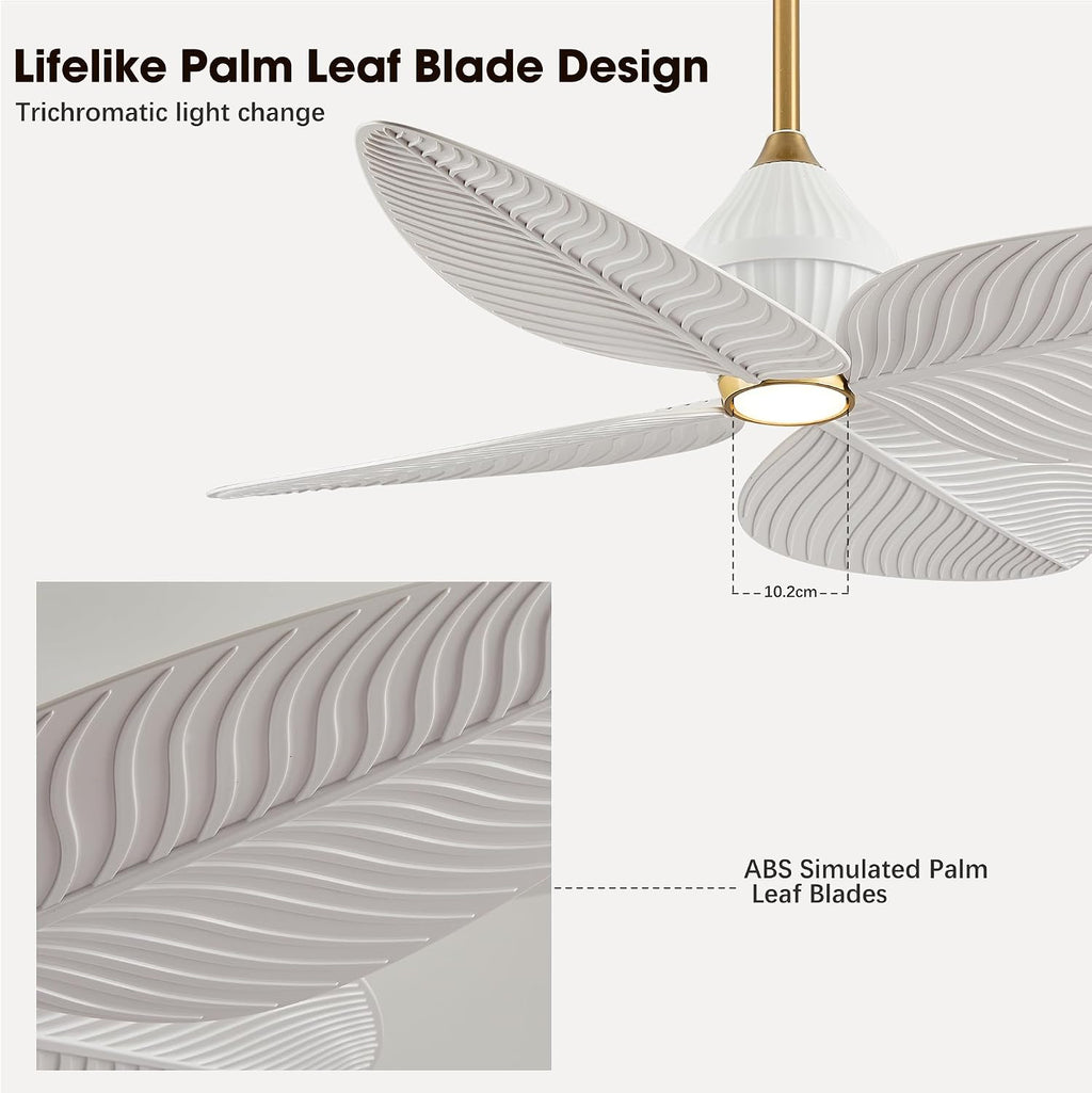 52' Tropical Ceiling Fans with Lights, Indoor Palm Leaf Ceiling Fan with Light and Remote for Living Room Bedroom, ABS Blades, Dimmable LED Lights, 6 Speeds, Adjustable Height-White Gold