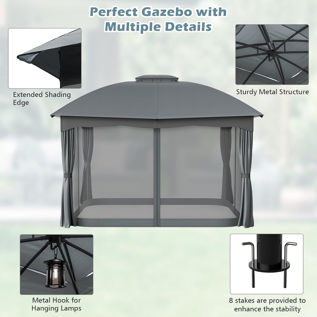 Tangkula 12x10 Ft Patio Gazebo, Double Vented Gazebo with Zippered Privacy Curtains, Mesh Screen Netting, Outdoor Steel Gazebo for Deck, Garden, Yard, Poolside (Grey)