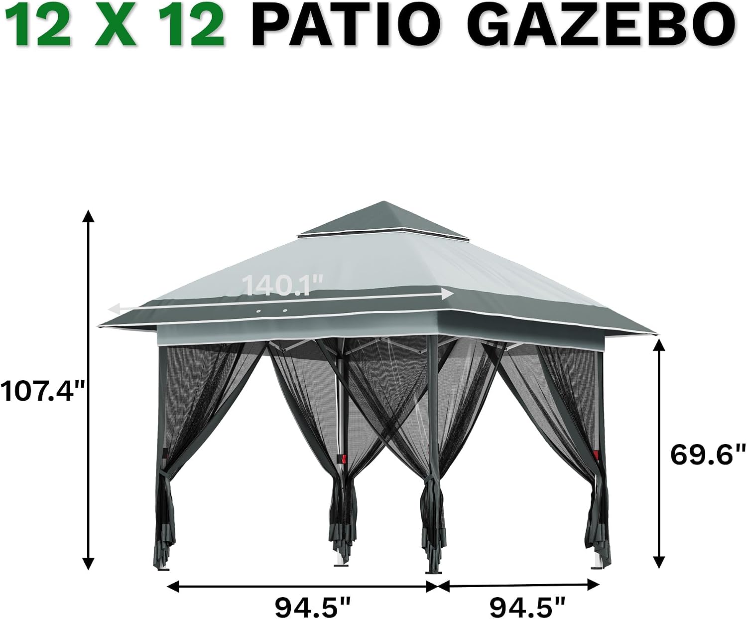 Devoko 12x12 Pop Up Gazebo Canopy Tent with Double Roof – Instant Shelter for Backyard, Garden, Party, Patio, Lawn – Portable Vented Outdoor Shade (Deep Gray)